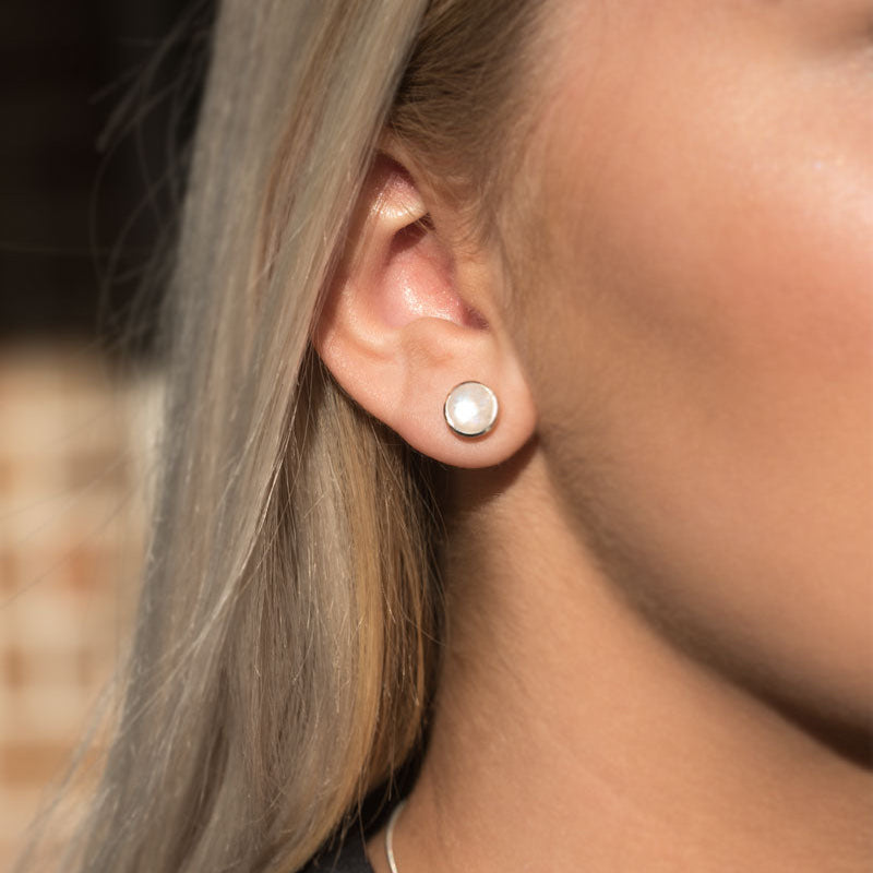 Blue Flash Moonstone Studs in Sterling Silver