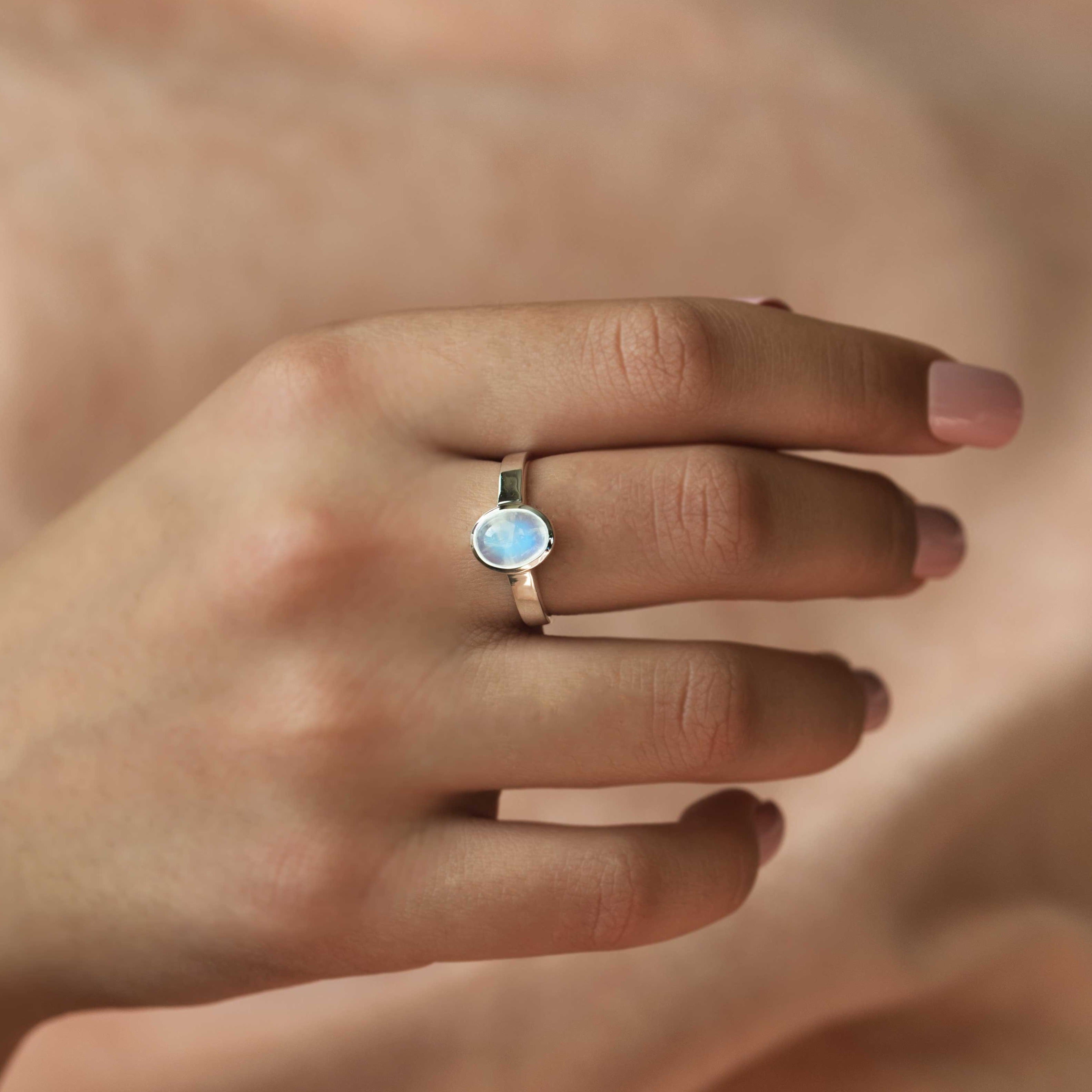 rainbow moonstone sterling silver 925 ring with blue flash natural gemstone ring June Birthstone Gifts for Women, non tarnish rhodium coated on silver