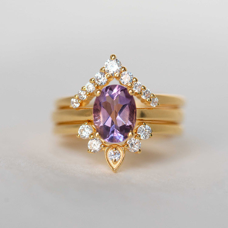 Amethyst Stacking Ring Gold Diamond Engagement Wedding Gift for Women Chevron V high low ring