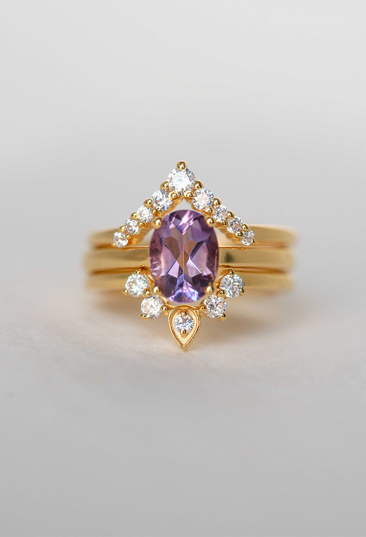 Amethyst Stacking Ring Gold Diamond Engagement Wedding Gift for Women Chevron V high low ring