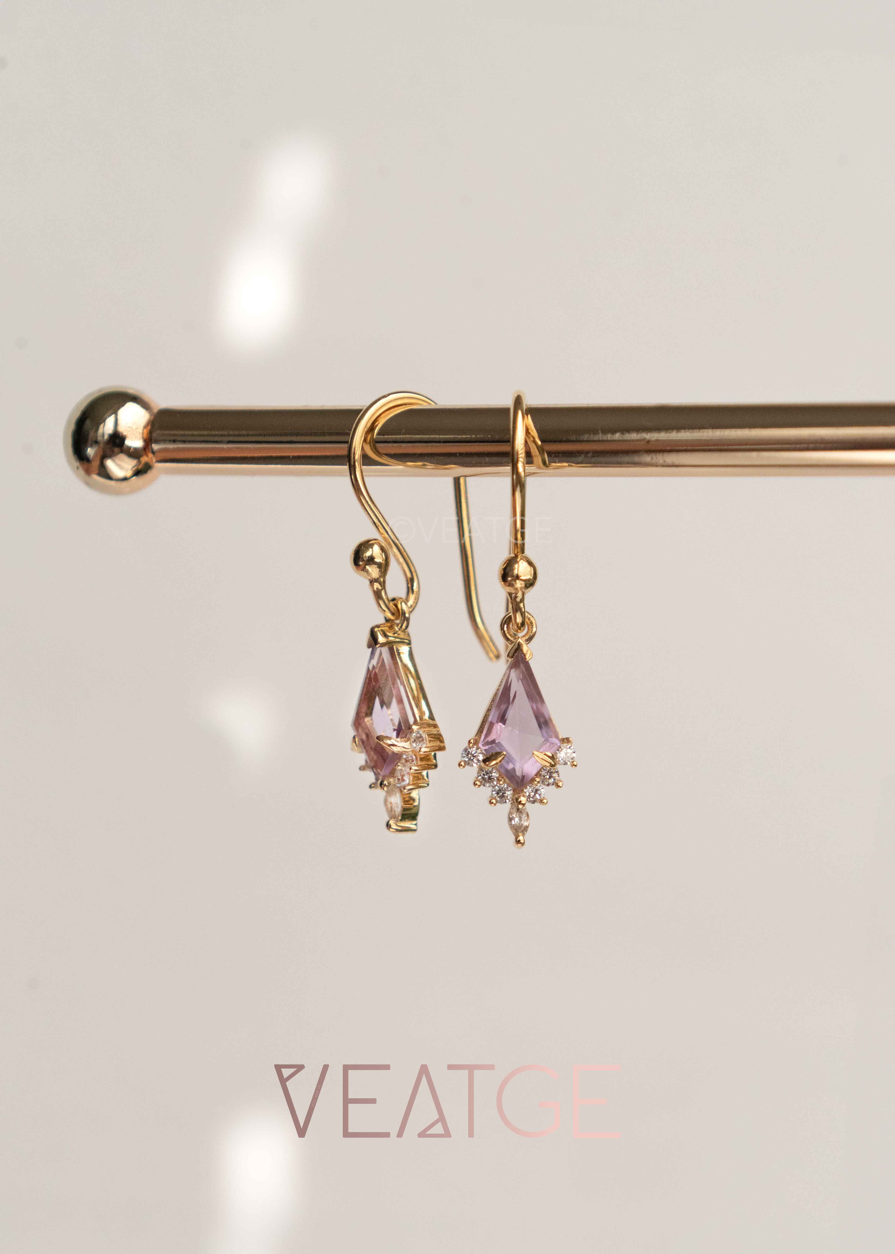 Unique Amethyst Dangle Earrings, February Birthstone Gold Dangle Earring, Custom Kite Cut Jewelry Girls, Birthday Anniversary Gift for Women