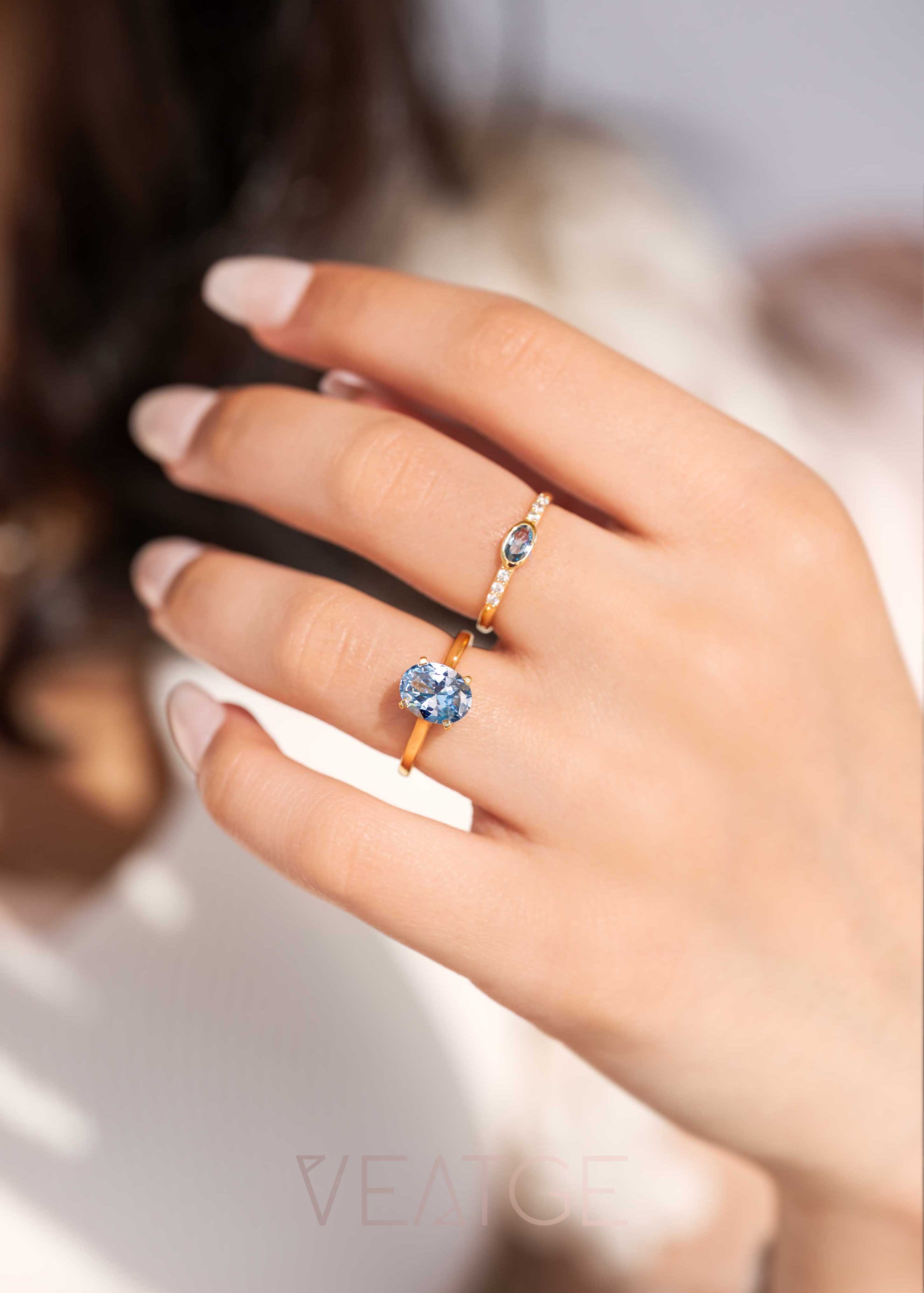 Aquamarine Engagement Ring Hidden Halo, March Birthstone, Birthday Anniversary Gifts, 14k Gold Vermeil, Something Blue Wedding Jewelry