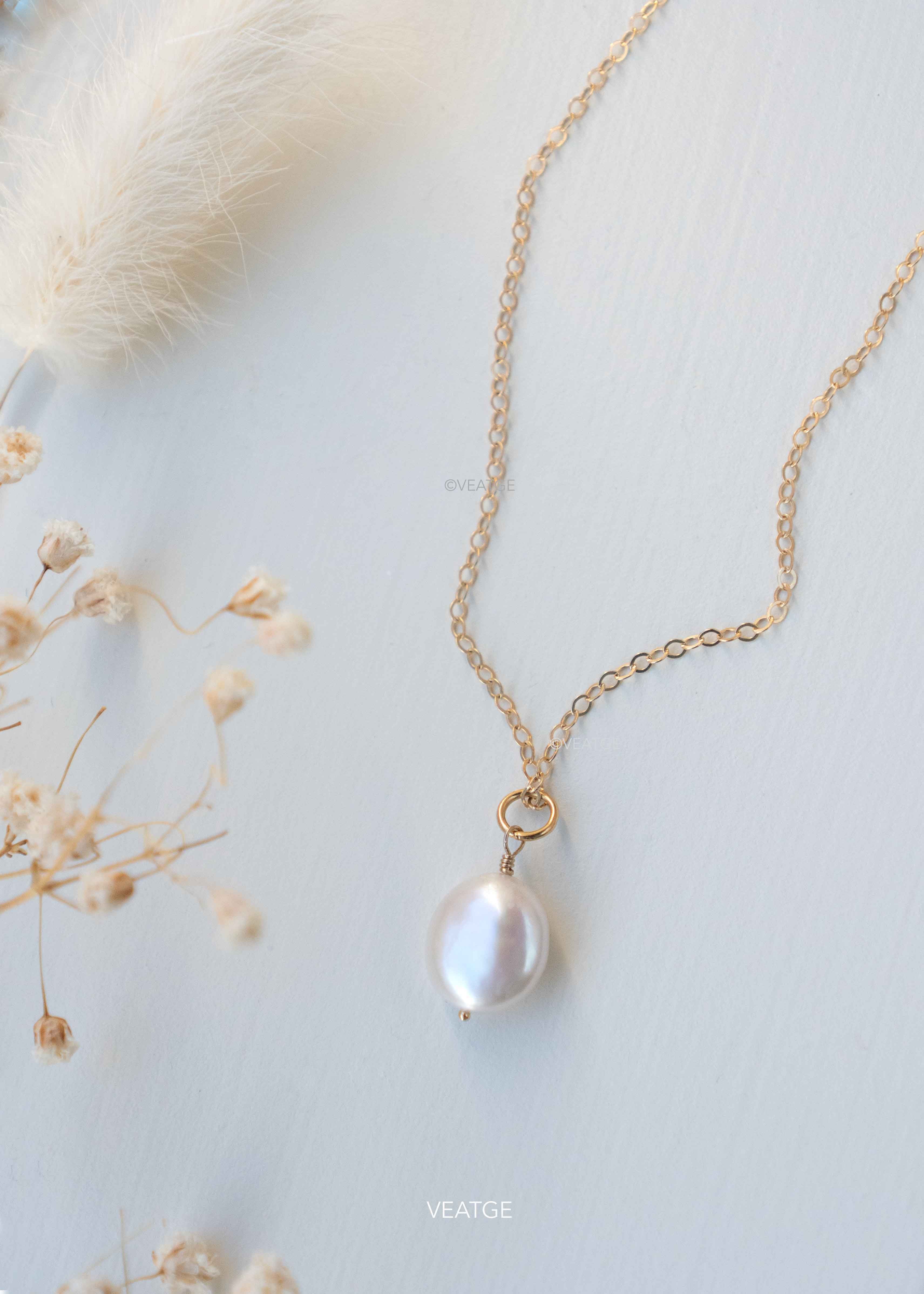 Genuine Coin Pearl Necklace Gold, Flat Pearl Necklace, Large Single Pearl Necklace, Round Pearl Pendant Necklace, Wedding Jewelry, Wedding gift for Women