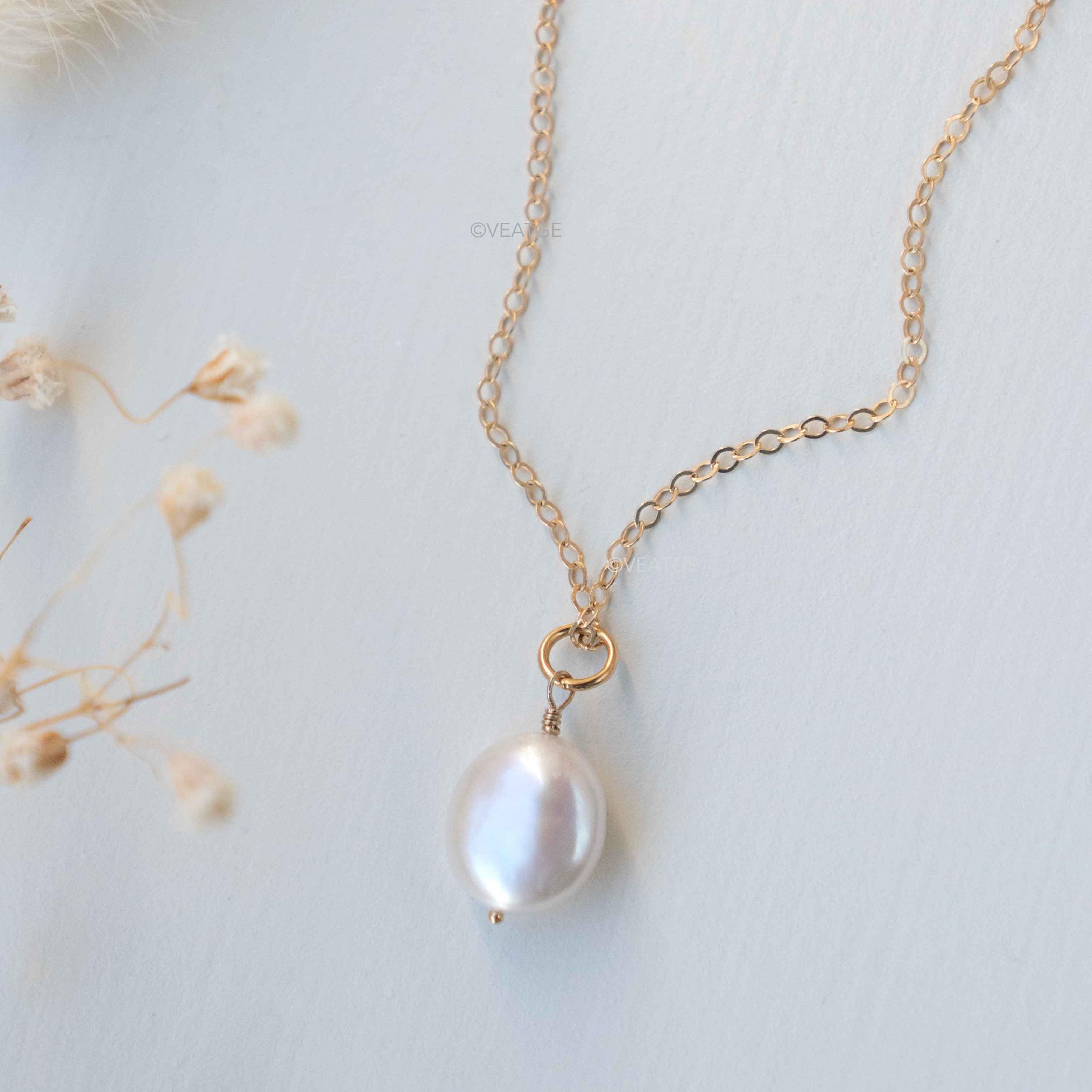 Genuine Coin Pearl Necklace Gold, Flat Pearl Necklace, Large Single Pearl Necklace, Round Pearl Pendant Necklace, Wedding Jewelry, Wedding gift for Women