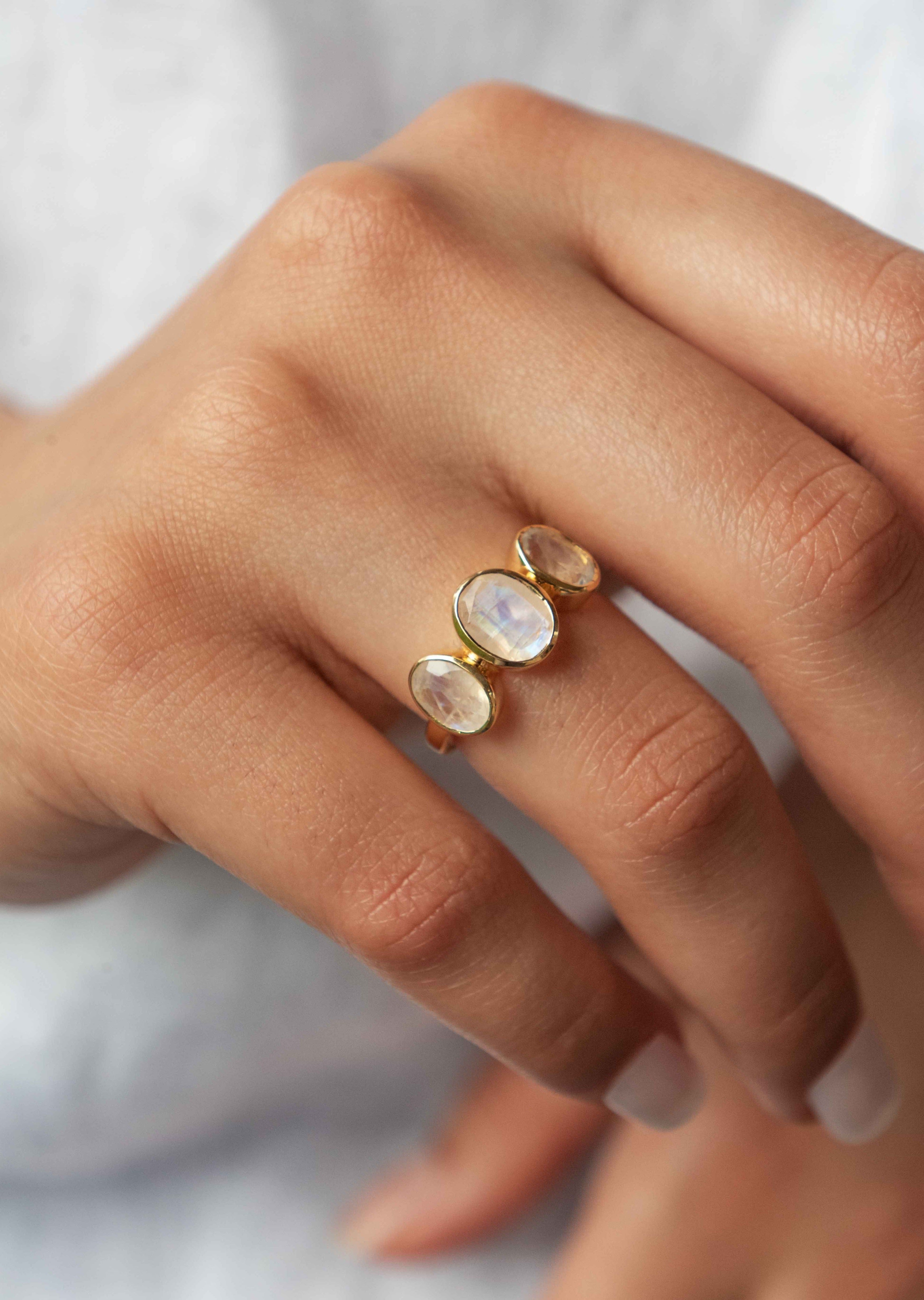 Three Moonstone ring silver gold rose gold