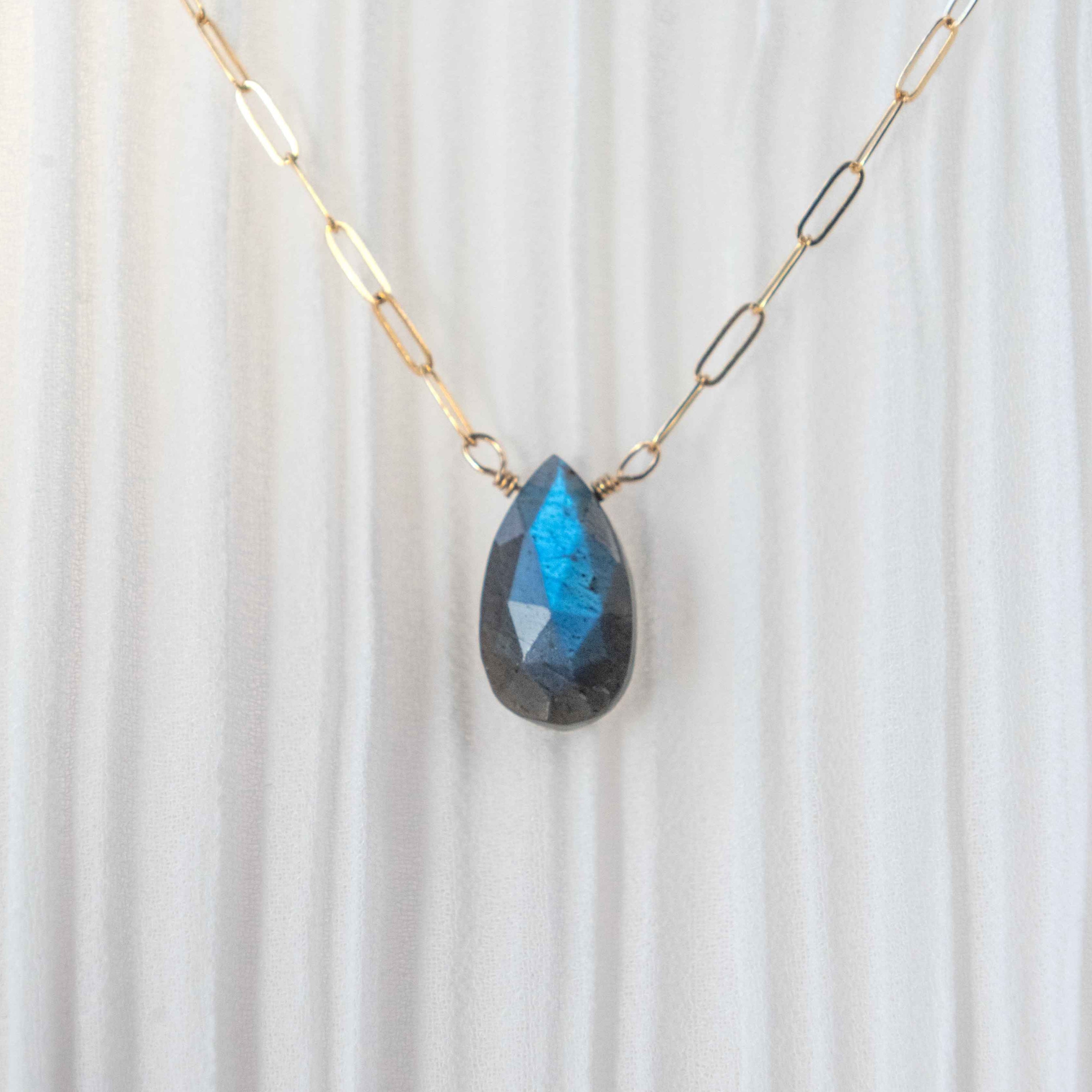 labradorite necklace in 14k gold filled paperclip chain