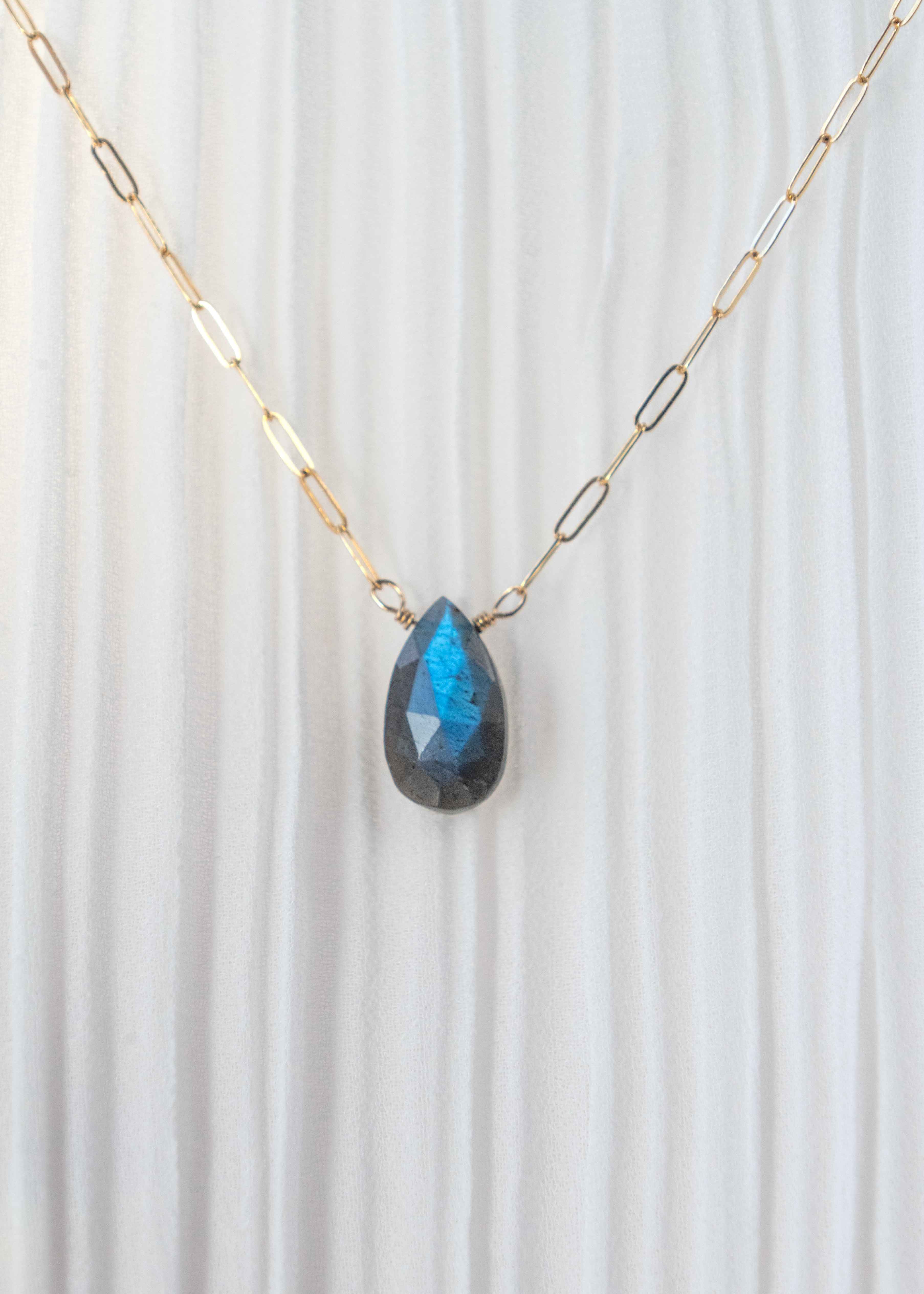 labradorite necklace in 14k gold filled paperclip chain