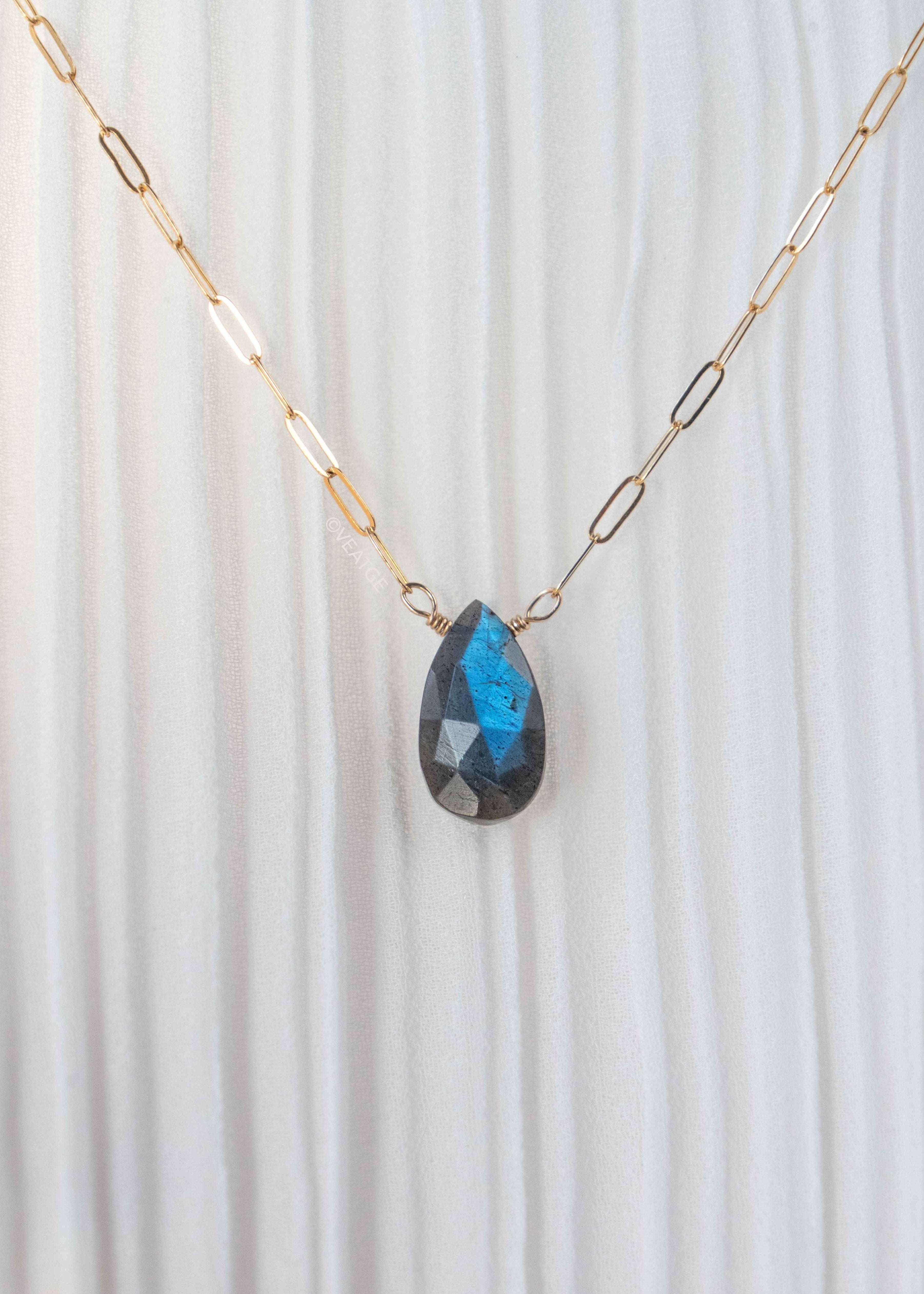 labradorite necklace in 14k gold filled paperclip chain