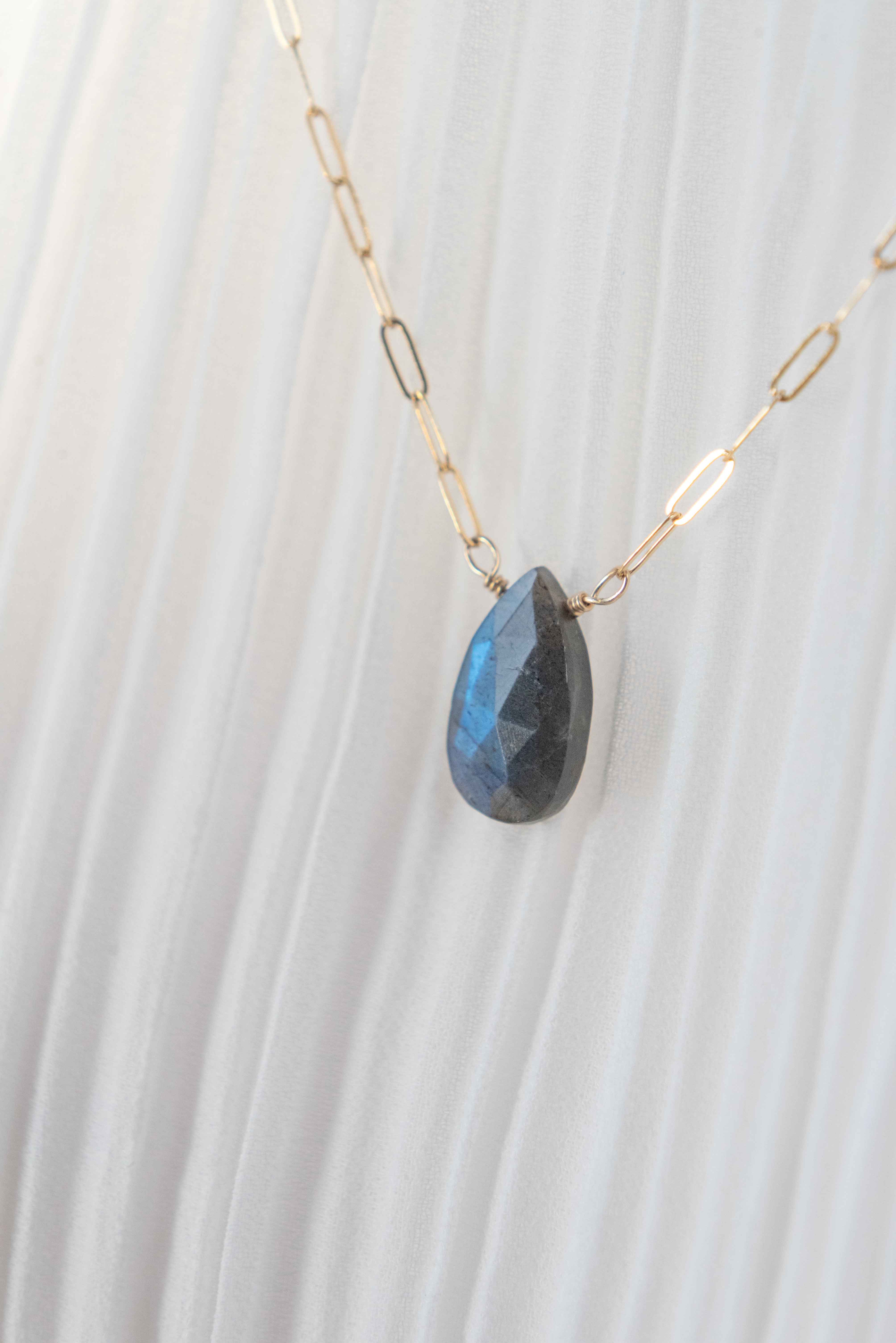 labradorite necklace in 14k gold filled paperclip chain