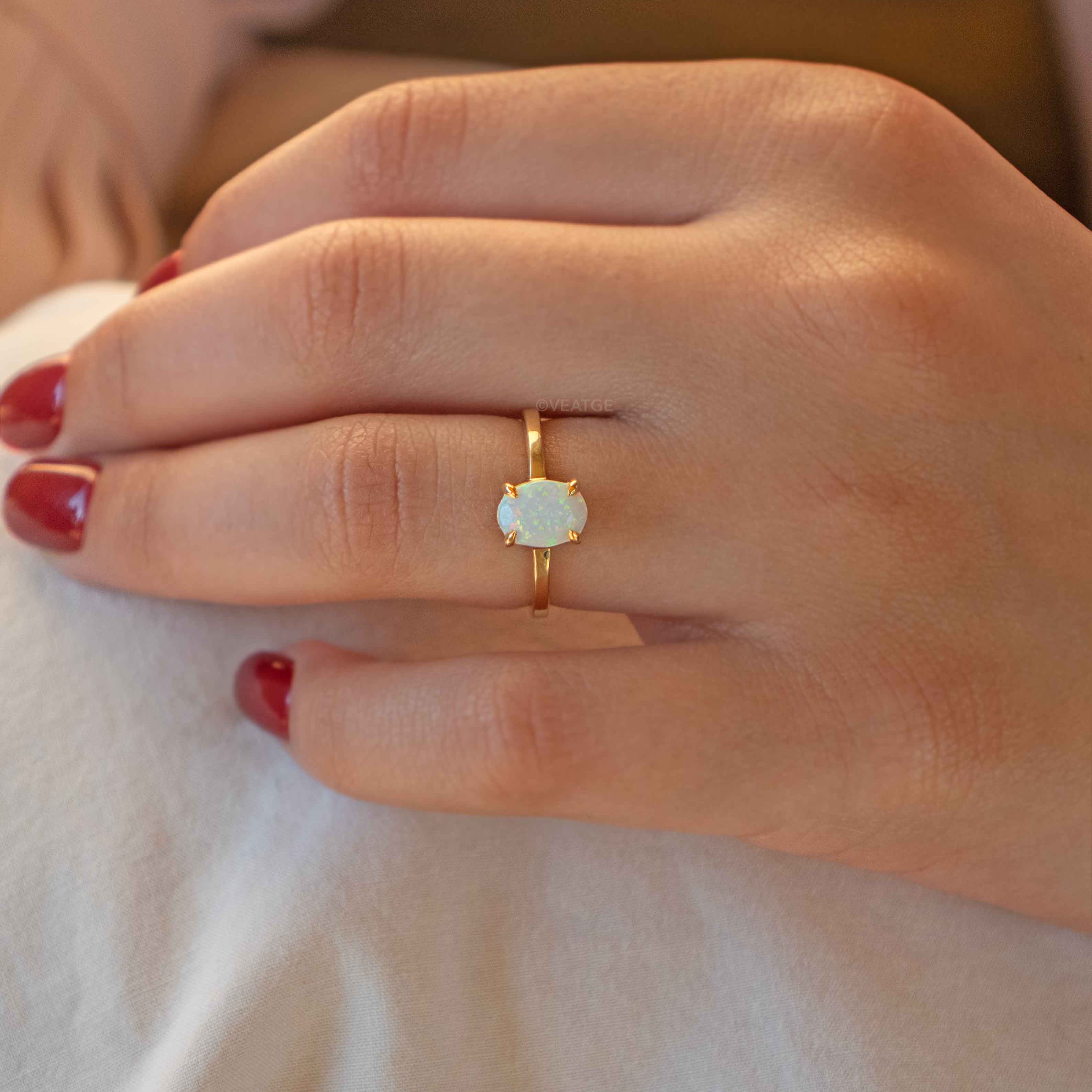 Dainty Opal Ring in Gold, October Birthstone Jewelry, Silver Opal Engagement Ring, Minimalist Birthday Gift