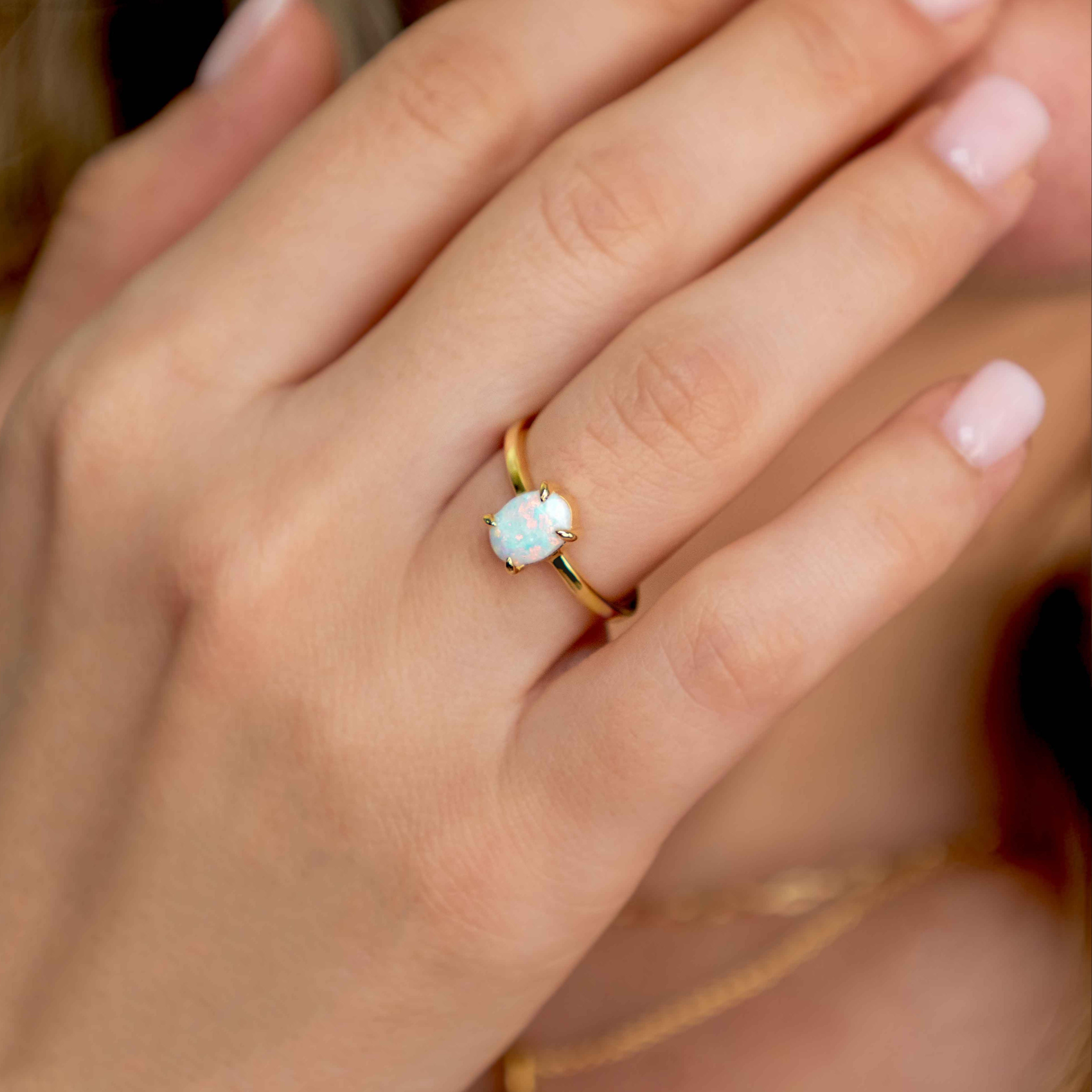 Dainty Opal Ring in Gold and 925 Sterling Silver, October Birthstone Jewelry, Silver Opal Engagement Ring, Minimalist Birthday Gift