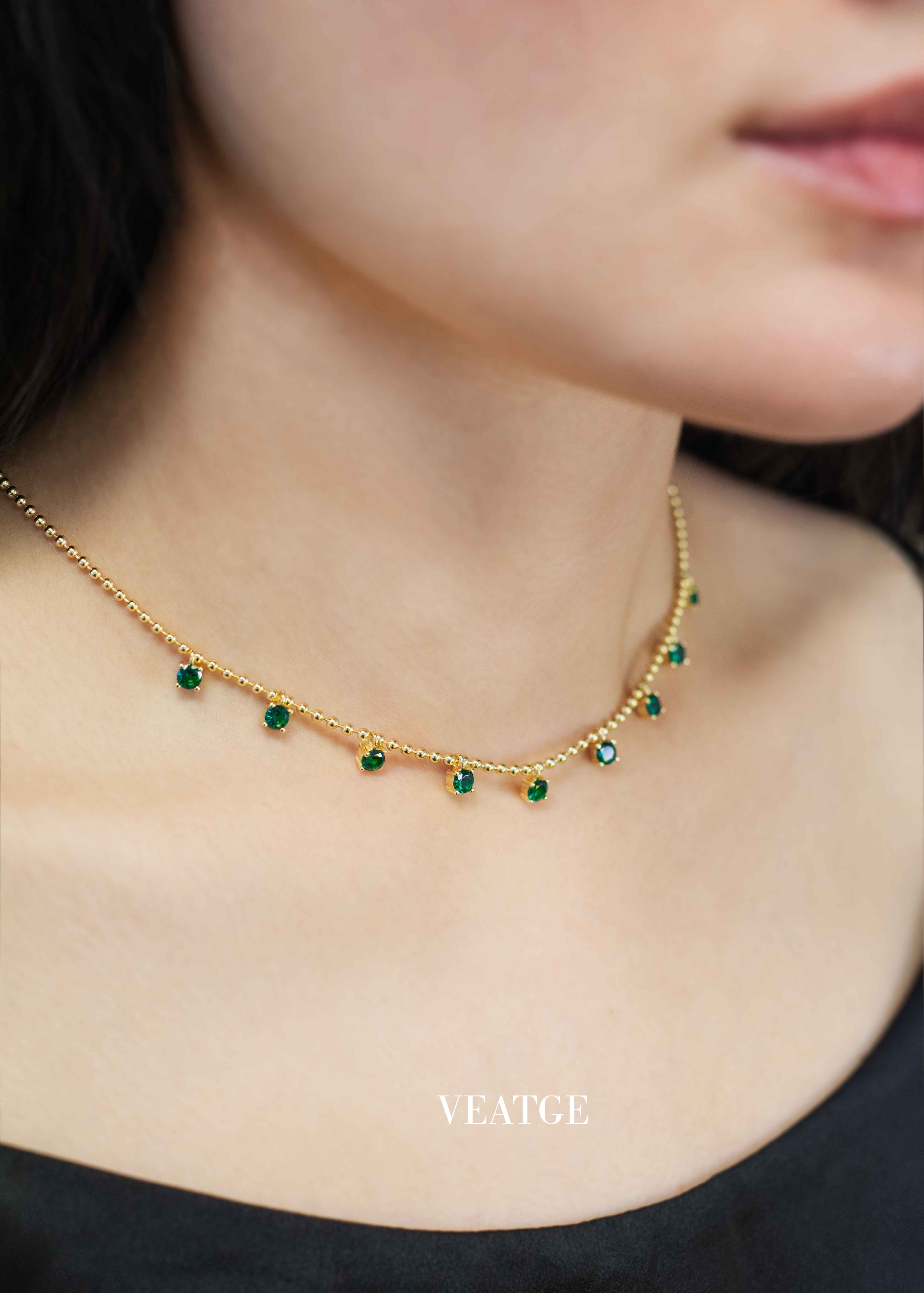Emerald Droplet Station Necklace 14k Gold over 925 Silver, Emerald Charm Dainty Layering Necklace, May Birthstone, Mom Wife Best Friend Girlfriend Birthday Gift