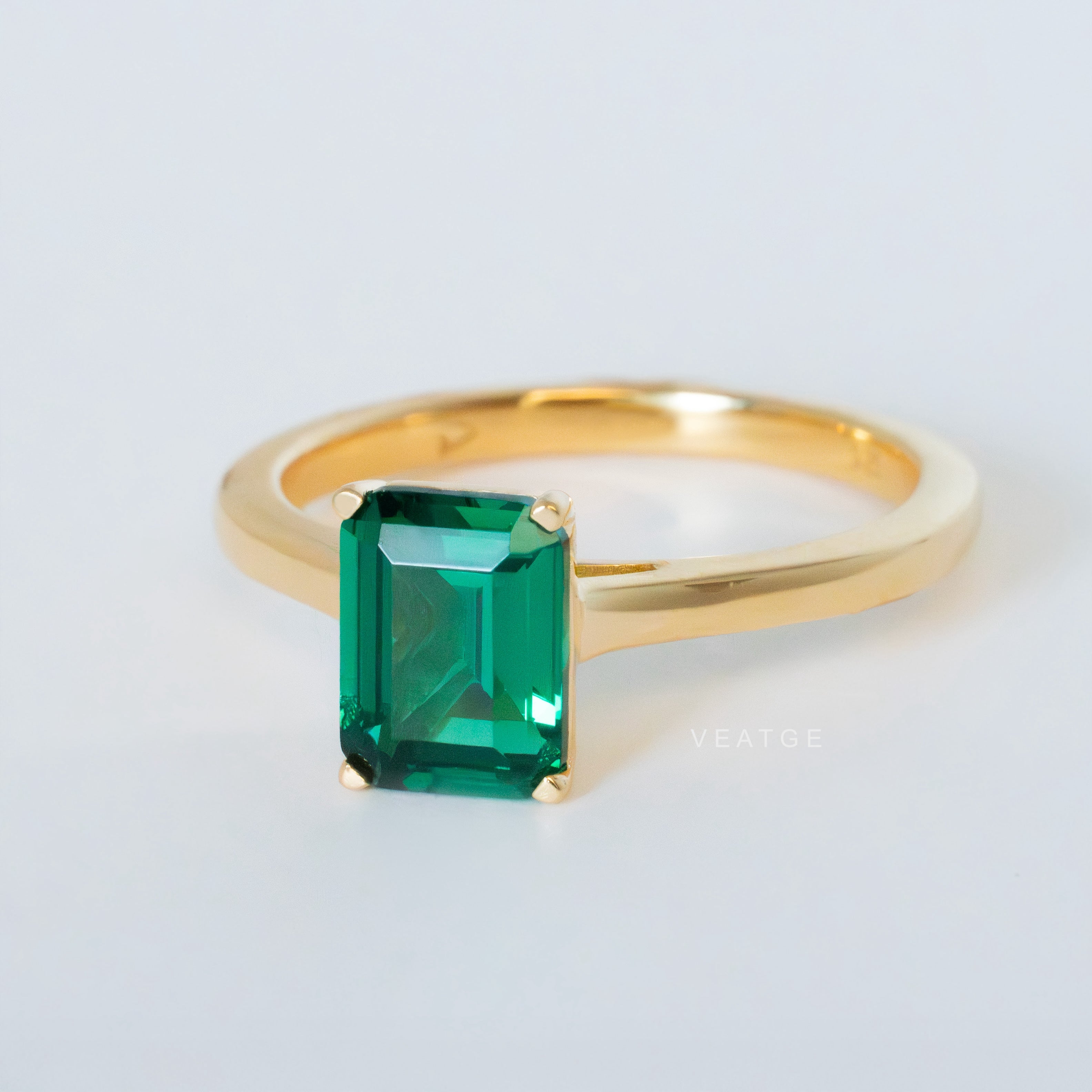 Green Emerald Ring Gold in Emerald Cut Gemstone May Birthstone Birthday Gifts for Women