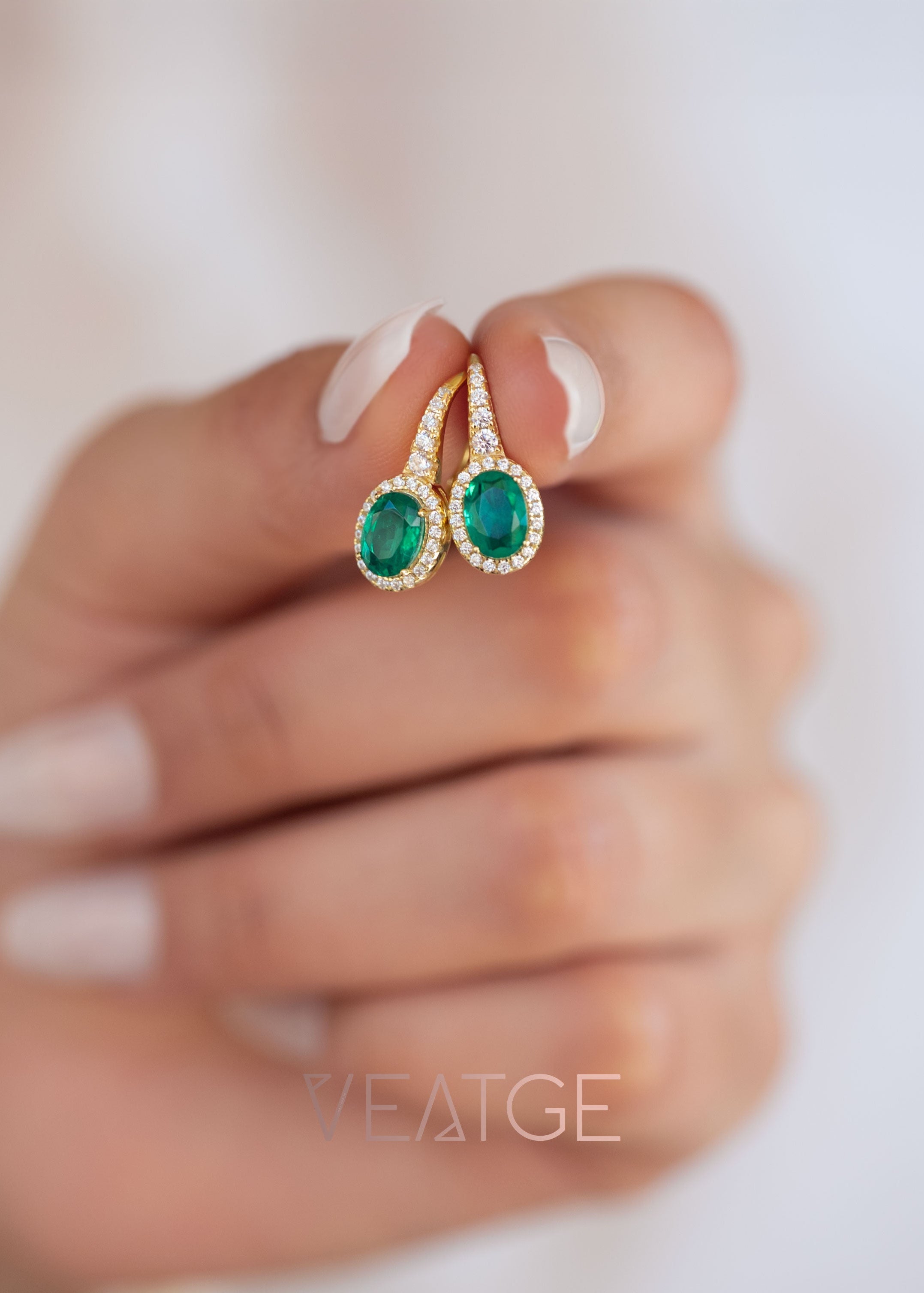 Emerald Halo Drop Earringsin Sterling Silver and 14k Gold Vermeil, May Birthstone Jewelry, Elegant Gift for Mom Wife Birthday, Green Emerald