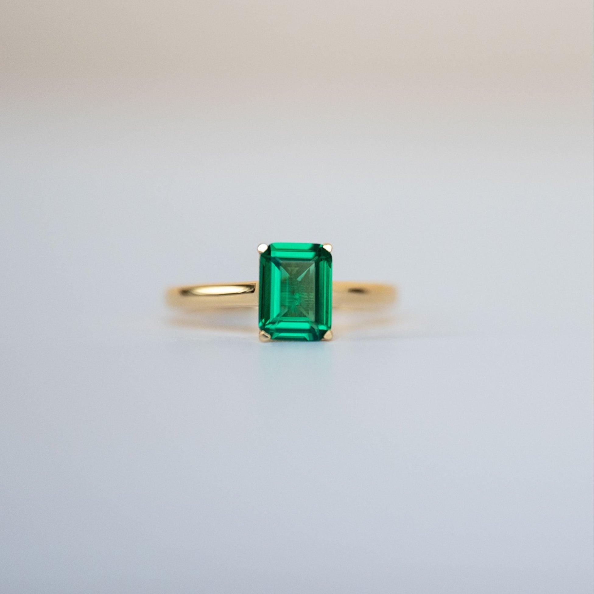 Green Emerald Ring Gold in Emerald Cut Gemstone May Birthstone Birthday Gifts for Women
