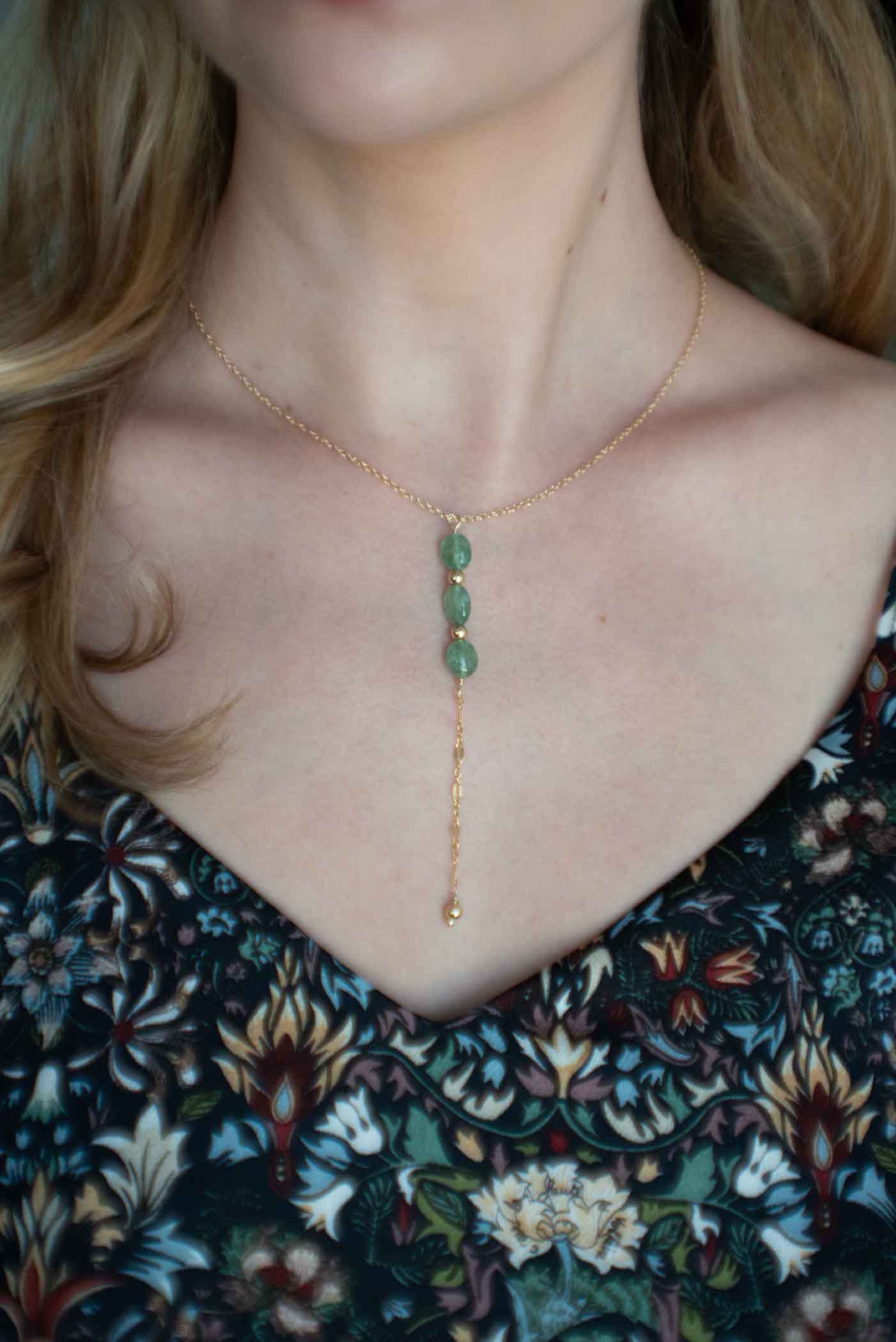 Gemstone Delicate Gold Minimalist Lariat Necklace Emerald Green