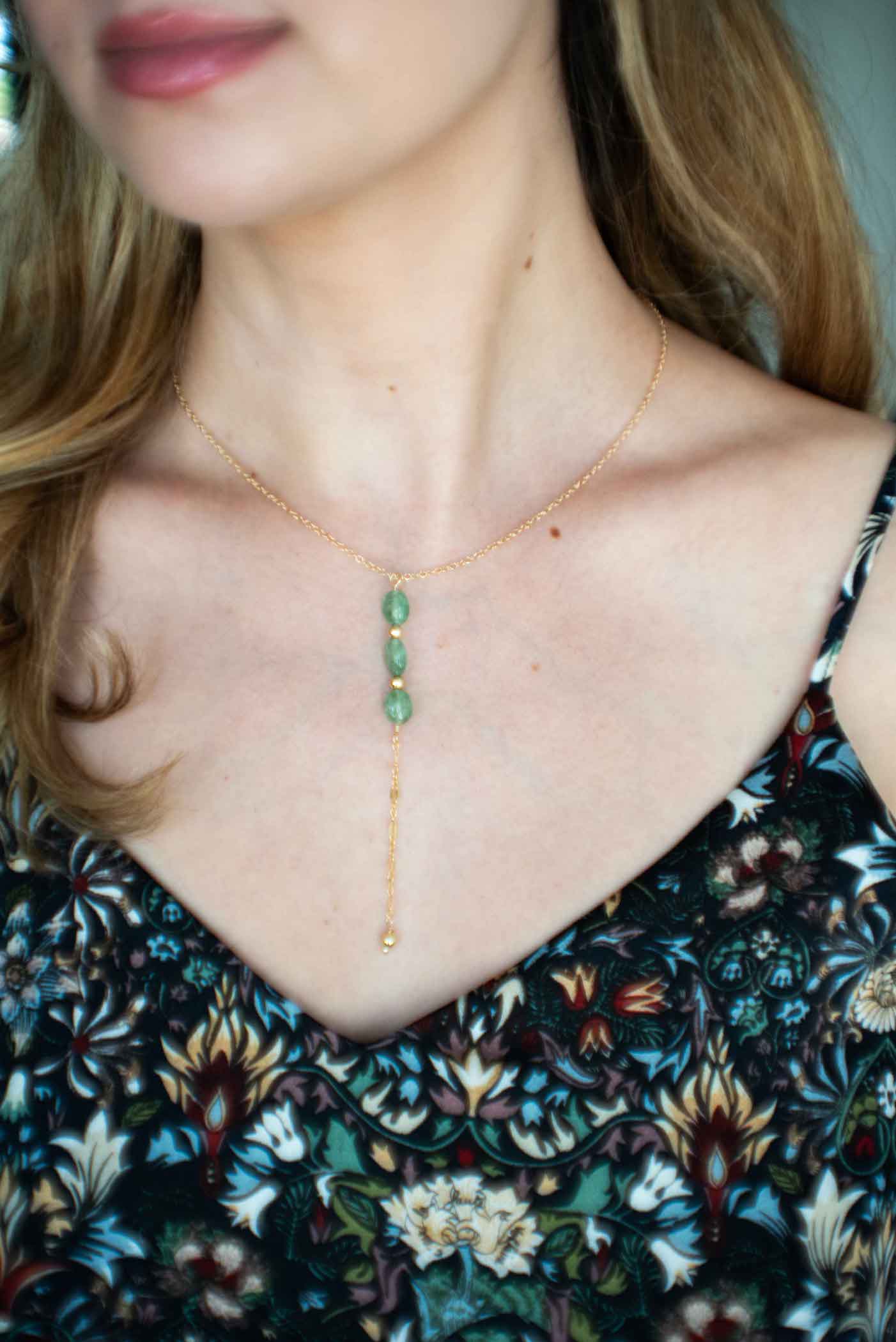 Gemstone Delicate Gold Minimalist Lariat Necklace Emerald Green