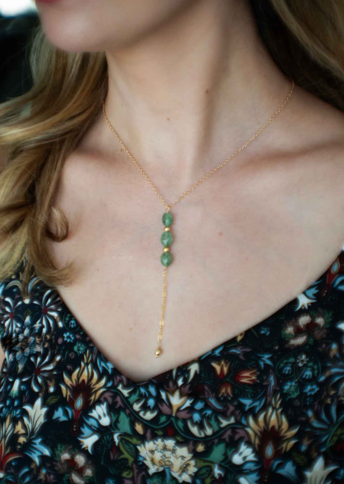 Gemstone Delicate Gold Minimalist Lariat Necklace Emerald Green