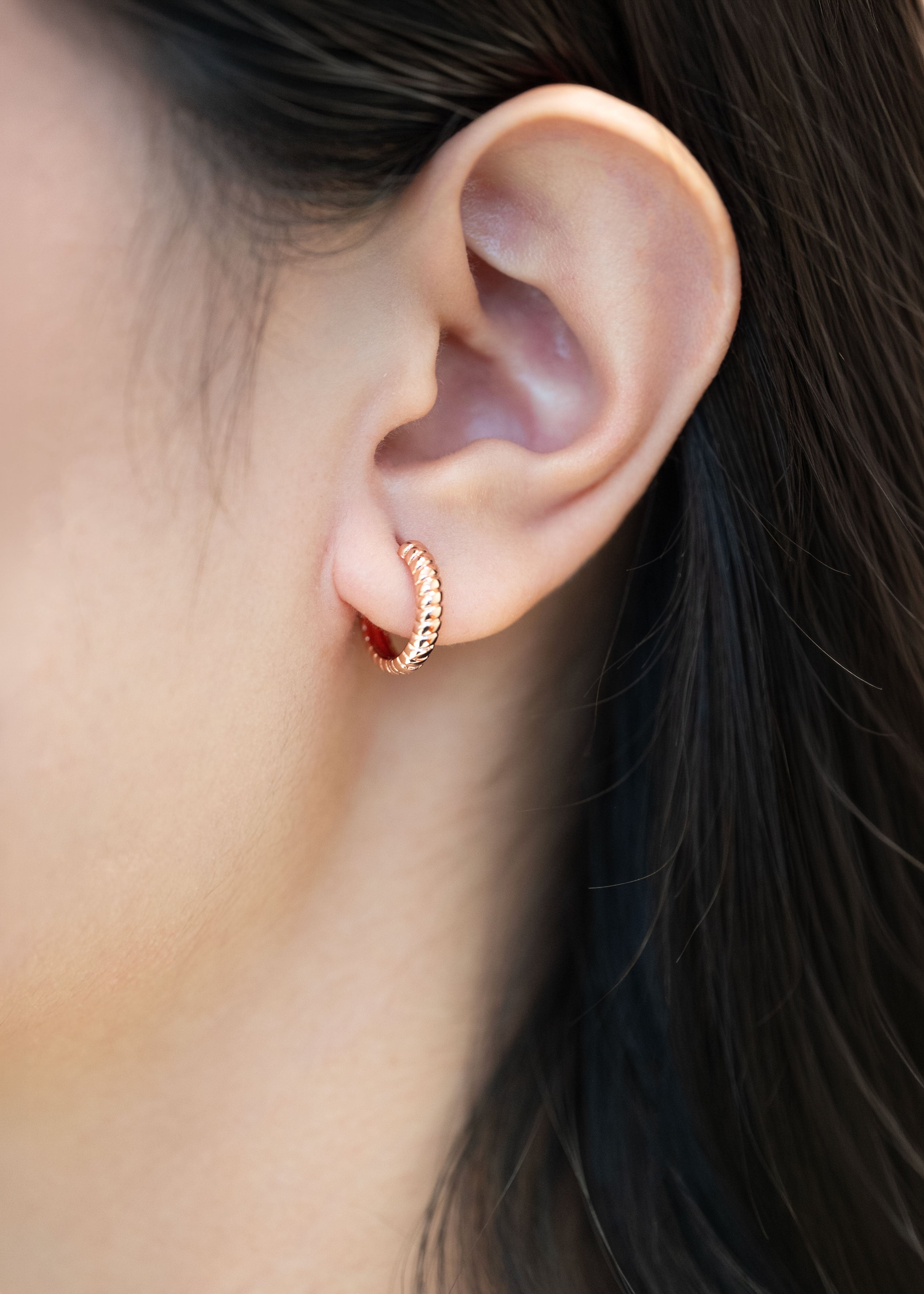 Rose Gold Huggie Hoop Twist Earrings Dainty Minimal Everyday Earring, Gift for Girls