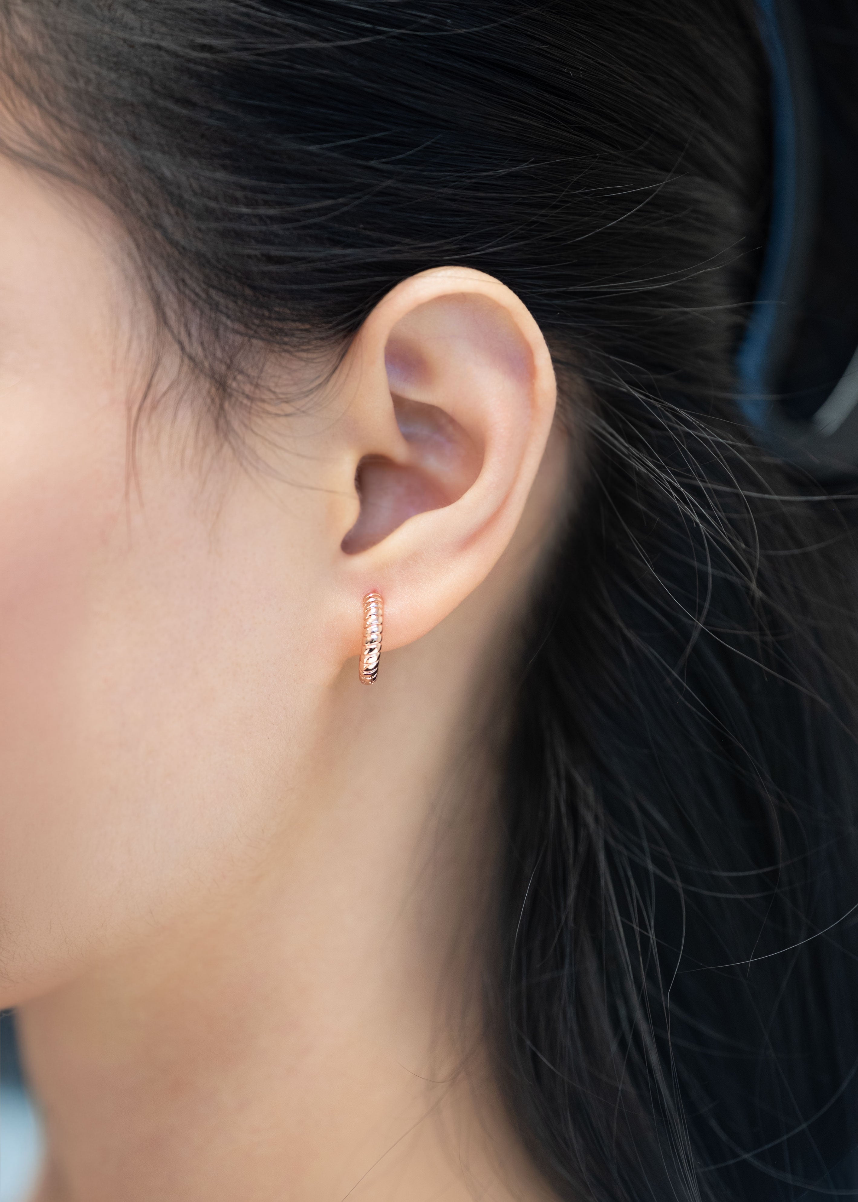 Rose Gold Huggie Hoop Twist Earrings Dainty Minimal Everyday Earring, Gift for Girls