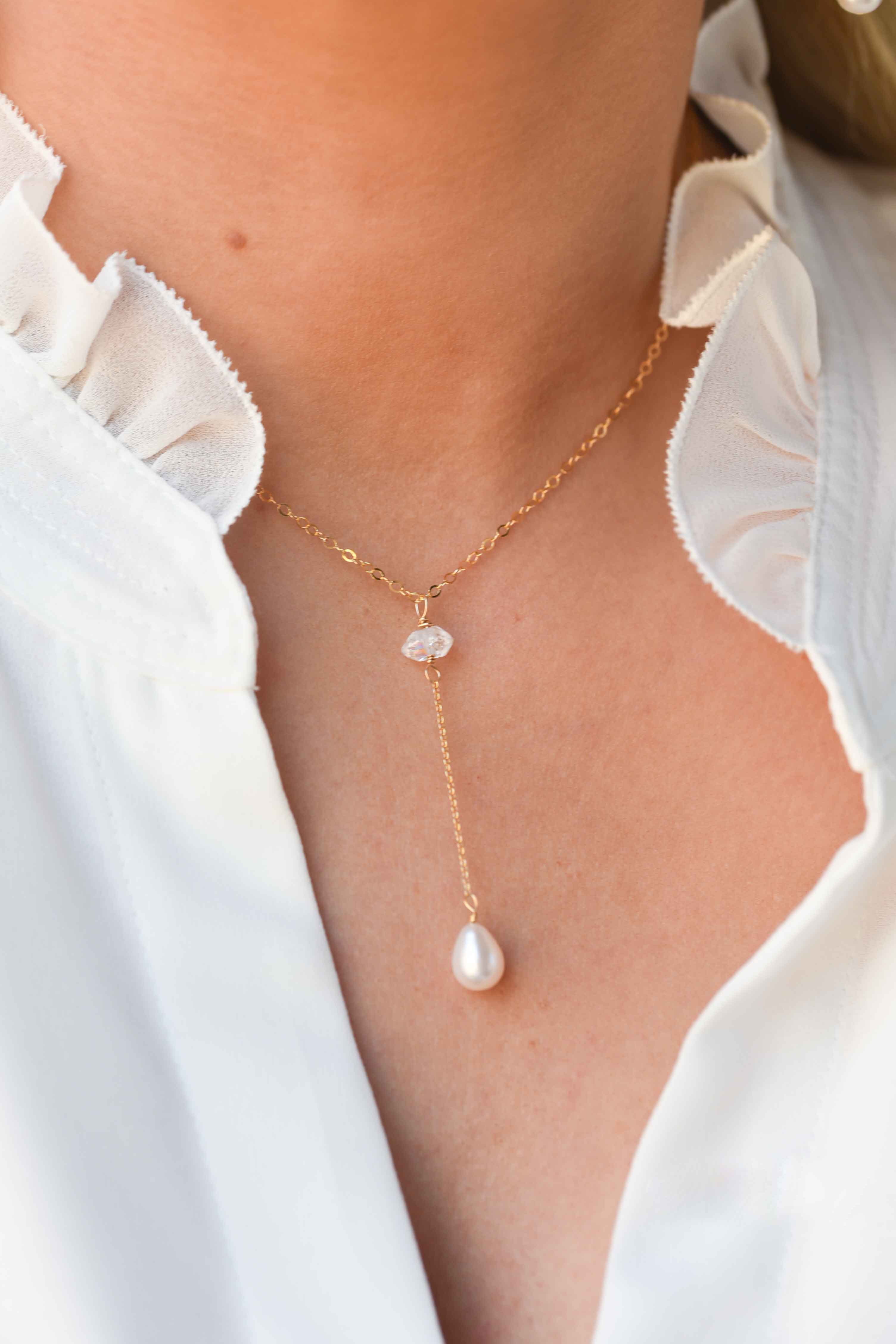 Herkimer  Pearl Delicate Lariat Necklace Gold Filled Rose Gold Filled. Dainty Minimalist Lariat Y necklace gift for girls birthstone wedding bridal bridesmaid gifts