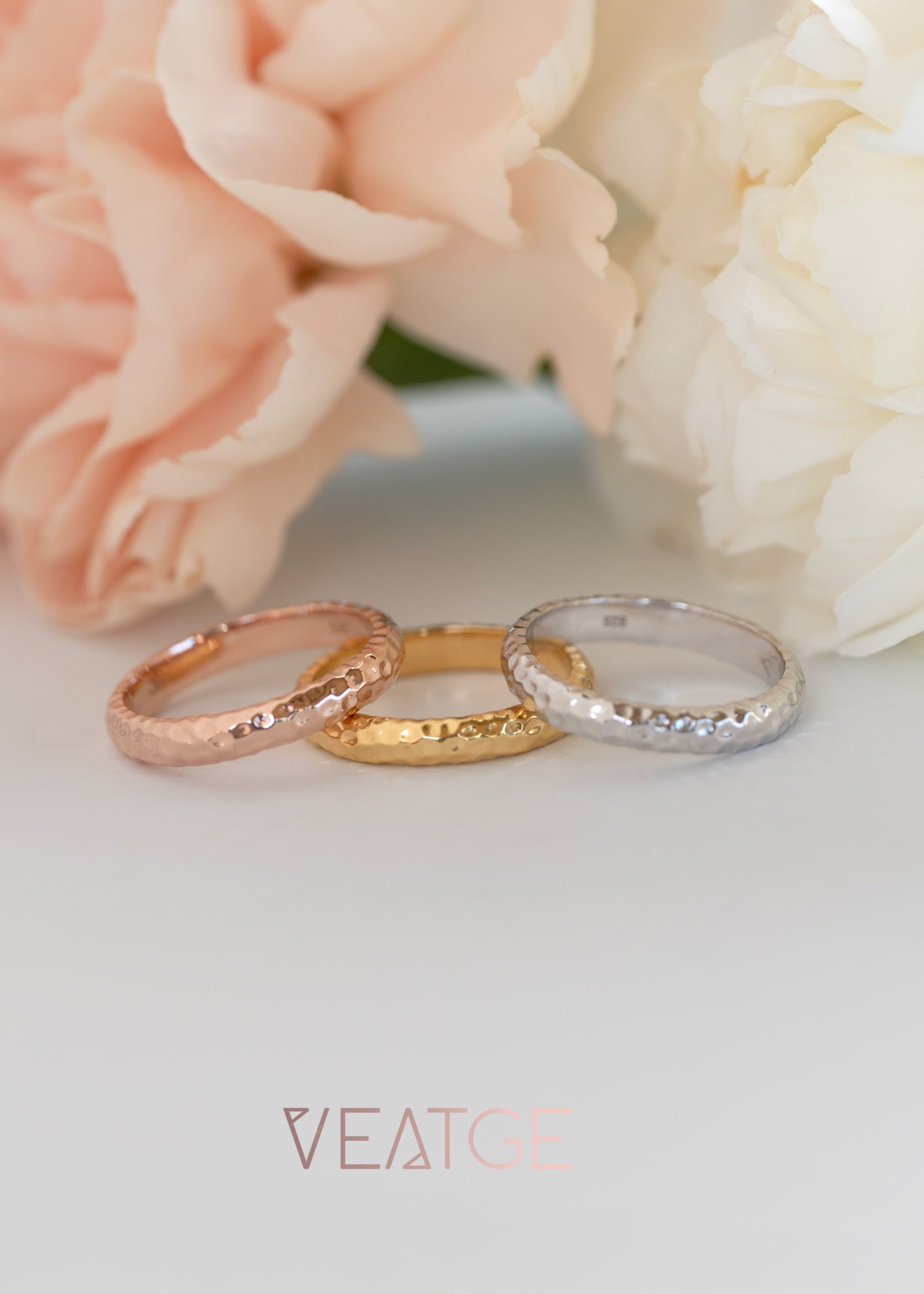 Unique Hammered Wedding Bands, 925 Sterling Silver and Gold Ring, Stackable Ring 3mm, Women and Men Wedding Band Ring, Anniversary Gift, Unisex Wedding Bands for him and her