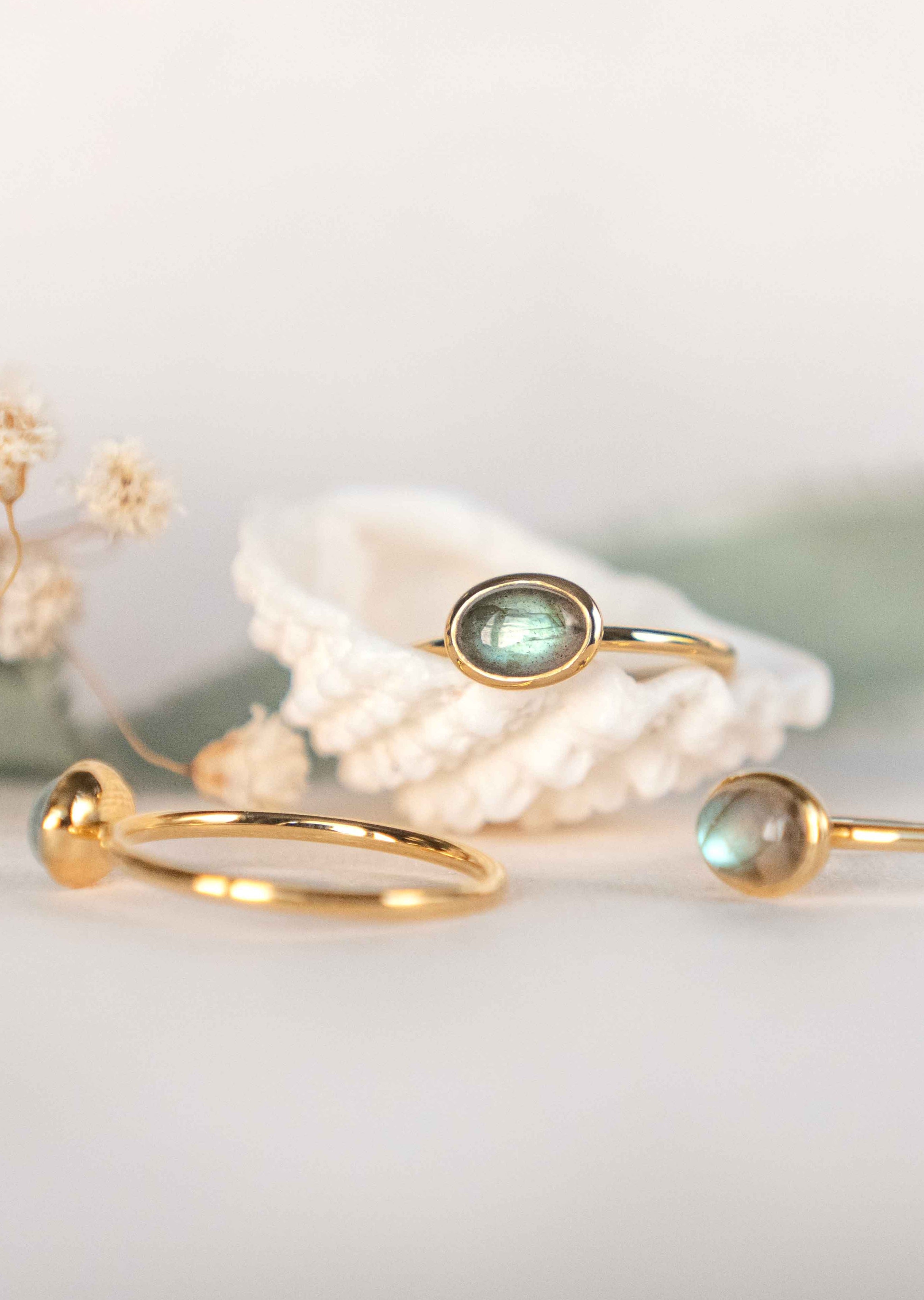 Dainty genuine labradorite ring gold