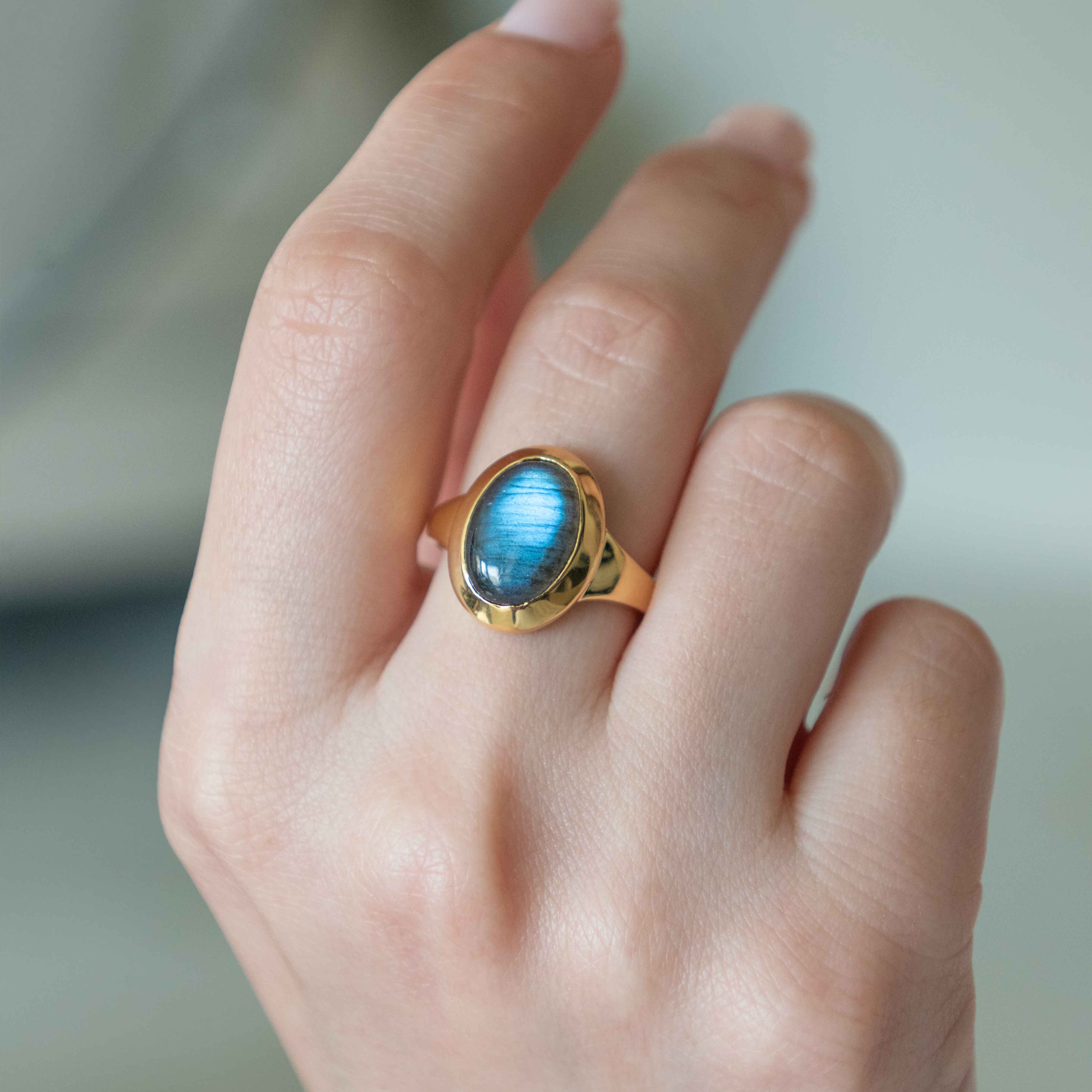 Deep Blue flash Labradorite Ring Gold, Large Chunky Natural flashy Labradorite Ring for Women, Anniversary Birthday Christmas Gifts for Her