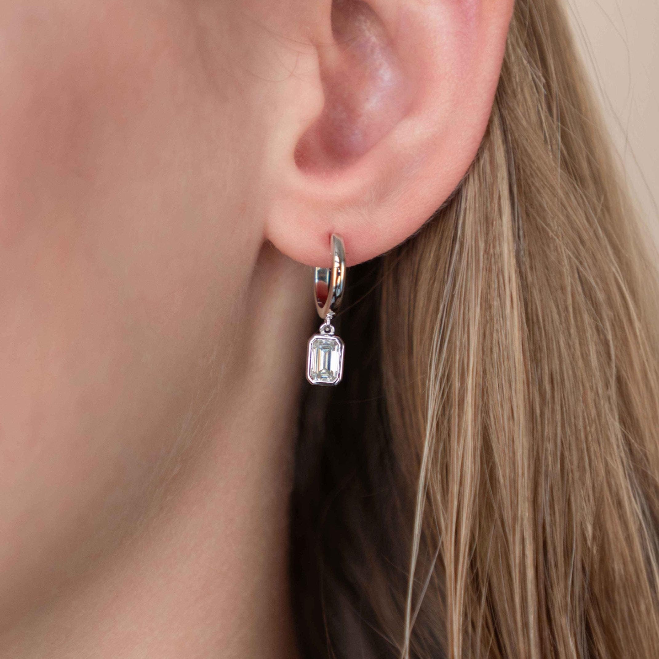 Emerald Cut Diamond Hoops in 925 Sterling Silver Anti-tarnish, Moissanite Gemstone, Minimalist Drop Dangle Unique Earrings Gifts for Women, Silver Hoops Earrings, Drop Dangle Earrings in Sterling Silver, Cute Diamond Earrings Solitaire