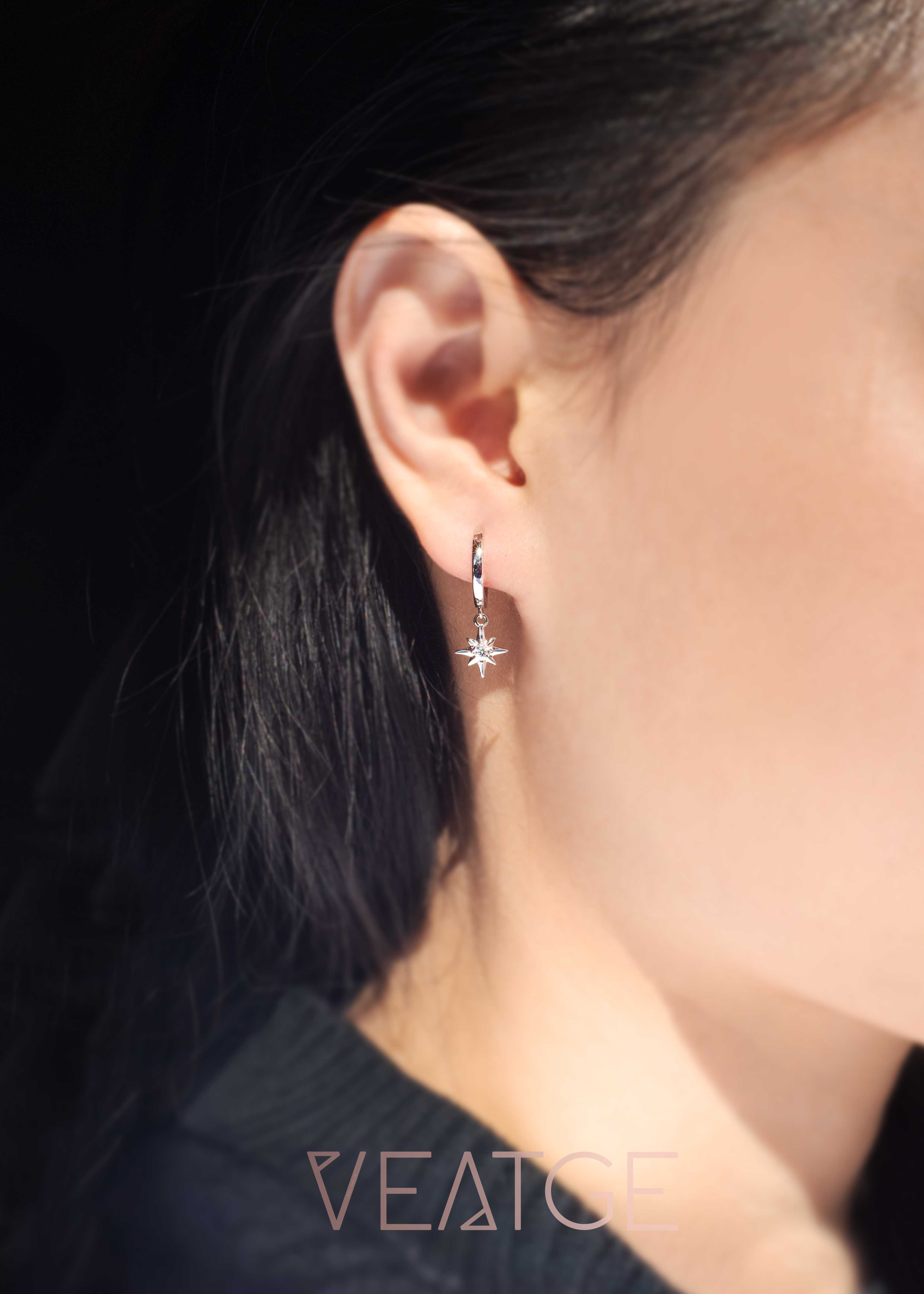 Moissanite Northstar Hoop Earrings in 925 Sterling Silver, Diamond Earrings Dangle Drop, Birthday Graduation Gift for Girls