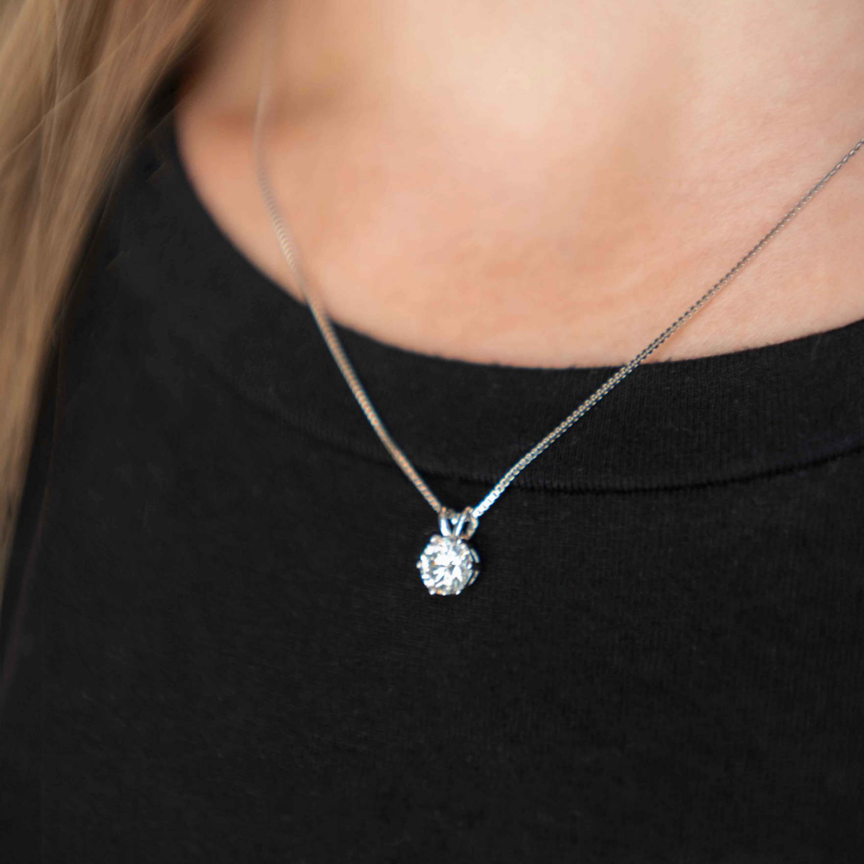 Round Brilliant cut Moissanite Necklace with six prongs in sterling silver setting non tarnish