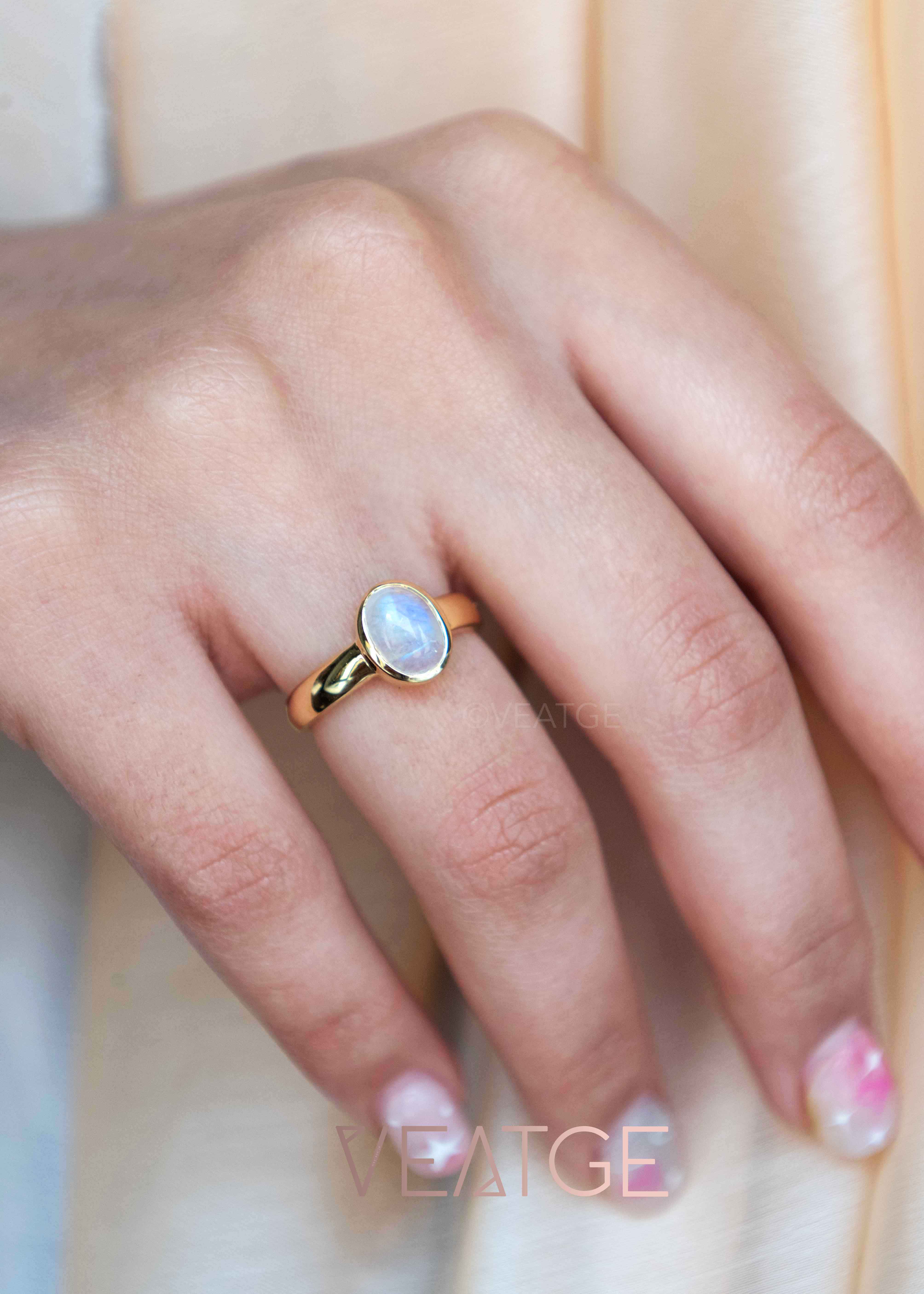 rainbow moonstone gold ring with blue flash natural gemstone ring June Birthstone Gifts for Women