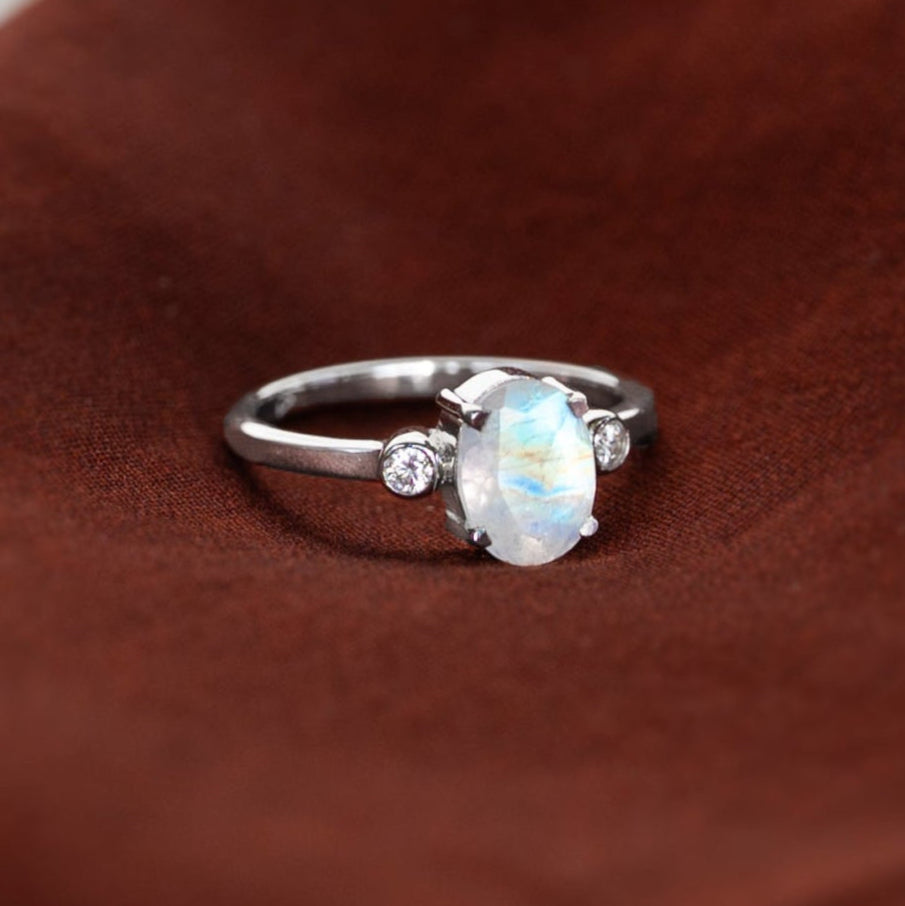 Natural Moonstone Ring Silver and 14k Gold Vermeil, Dainty Minimalist Raw Gemstone Ring, Unique Gift for Mom, Best Birthday Anniversary Graduation Gift, Engagement Promise Ring