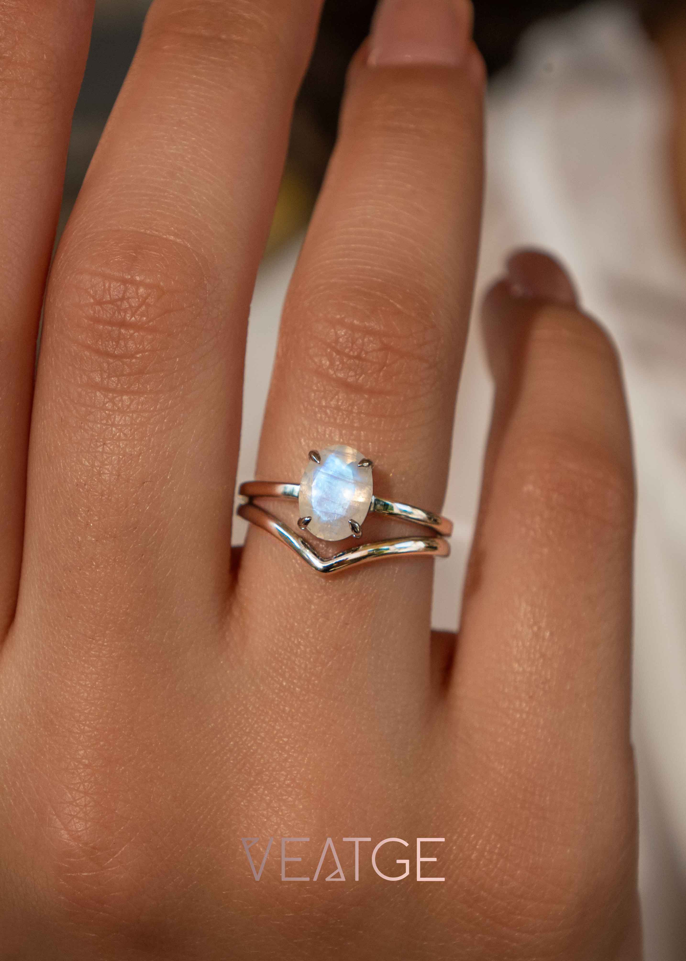 moonstone ring in silver stacked with chevron ring low profile comfort fit