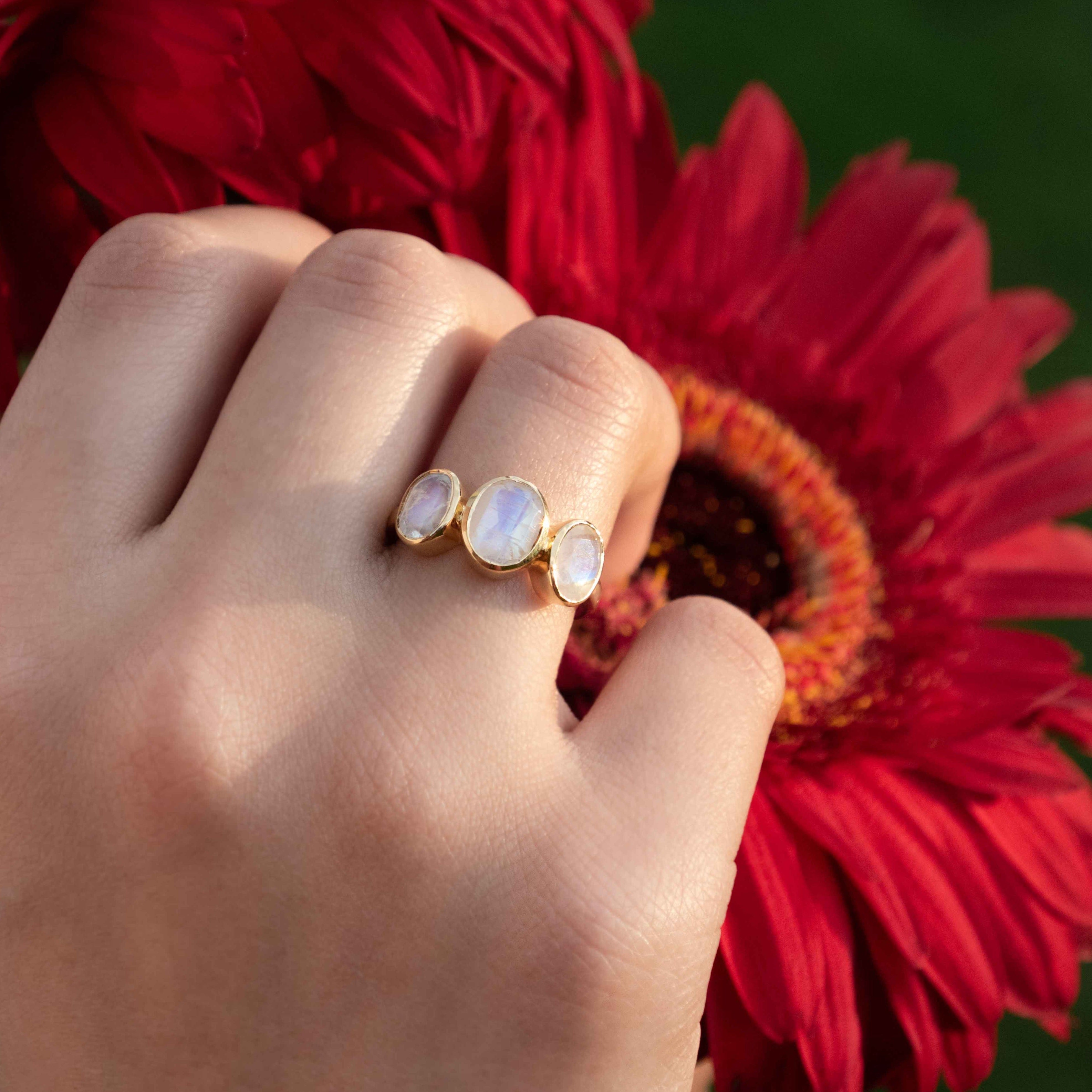 Three Moonstone ring silver gold rose gold