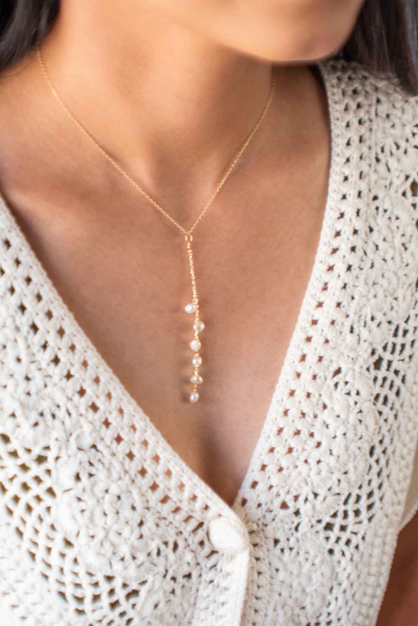 Pearl Lariat necklace delicate bridal wedding necklace gold unique lariat Y necklace