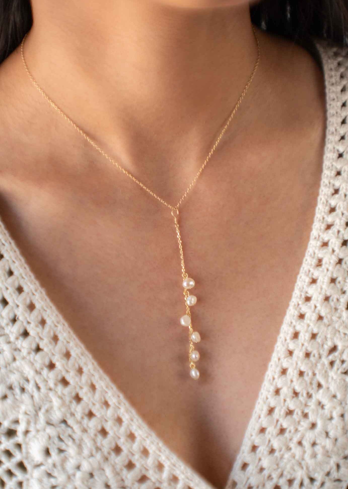 Pearl Lariat necklace delicate bridal wedding necklace gold unique lariat Y necklace