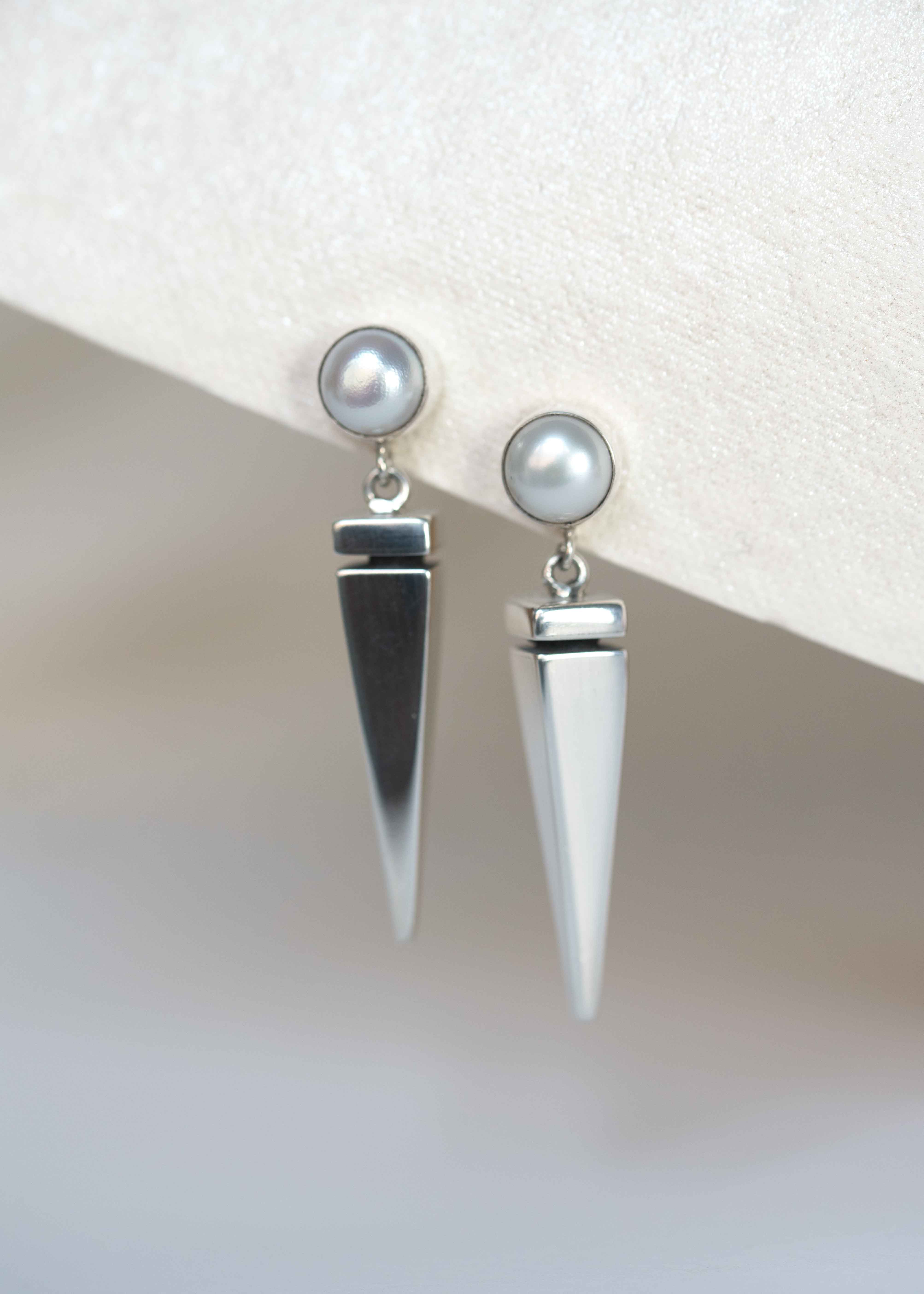 Spike & Pearl Earrings, Unique Sterling Silver Modern Earrings, Edgy Unique Statement Silver Earrings for Women