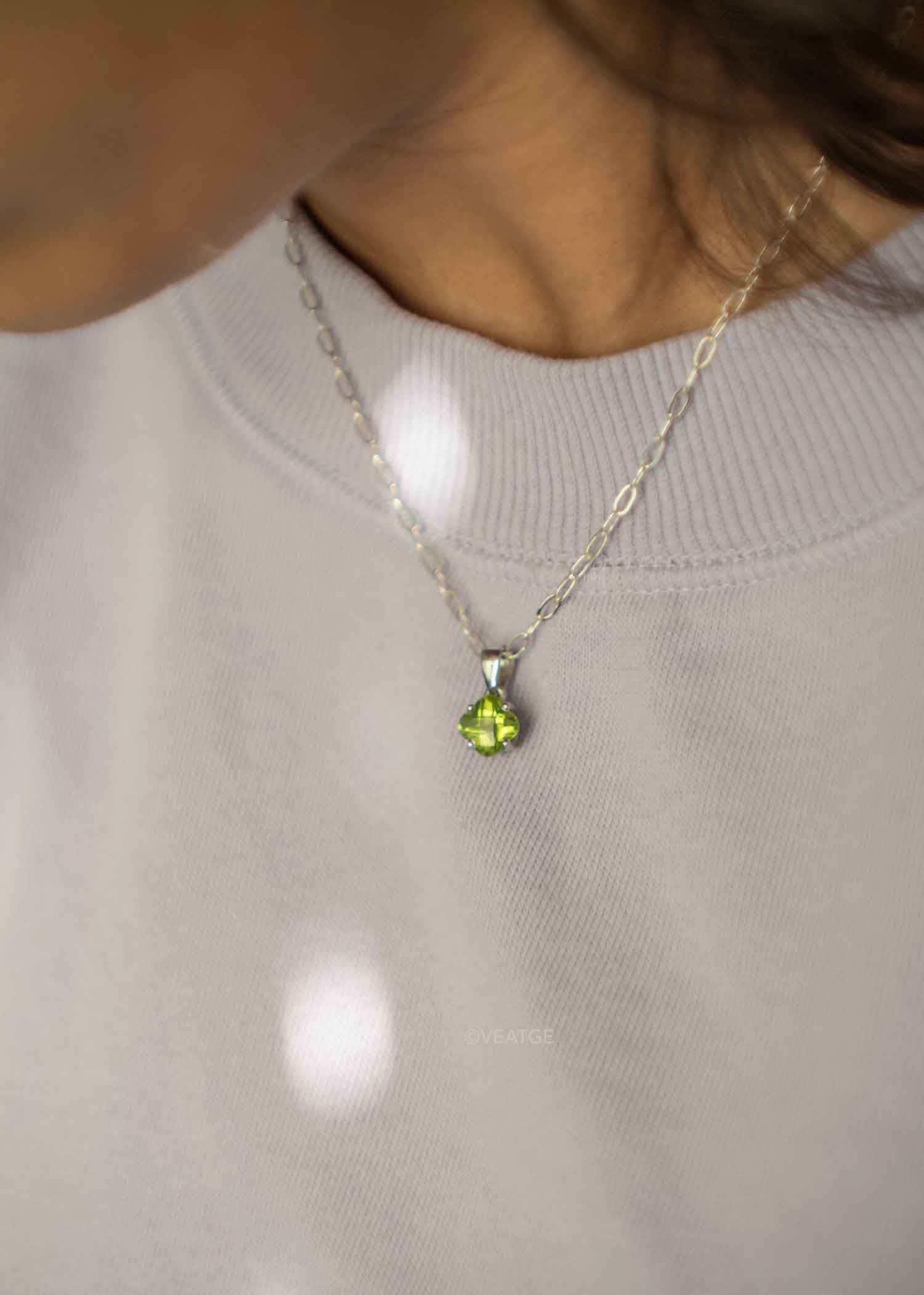Peridot Necklace Minimalist Clover Gemstone Necklace in Sterling Silver with removable paperclip chain, Good Luck Gift August Birthstone
