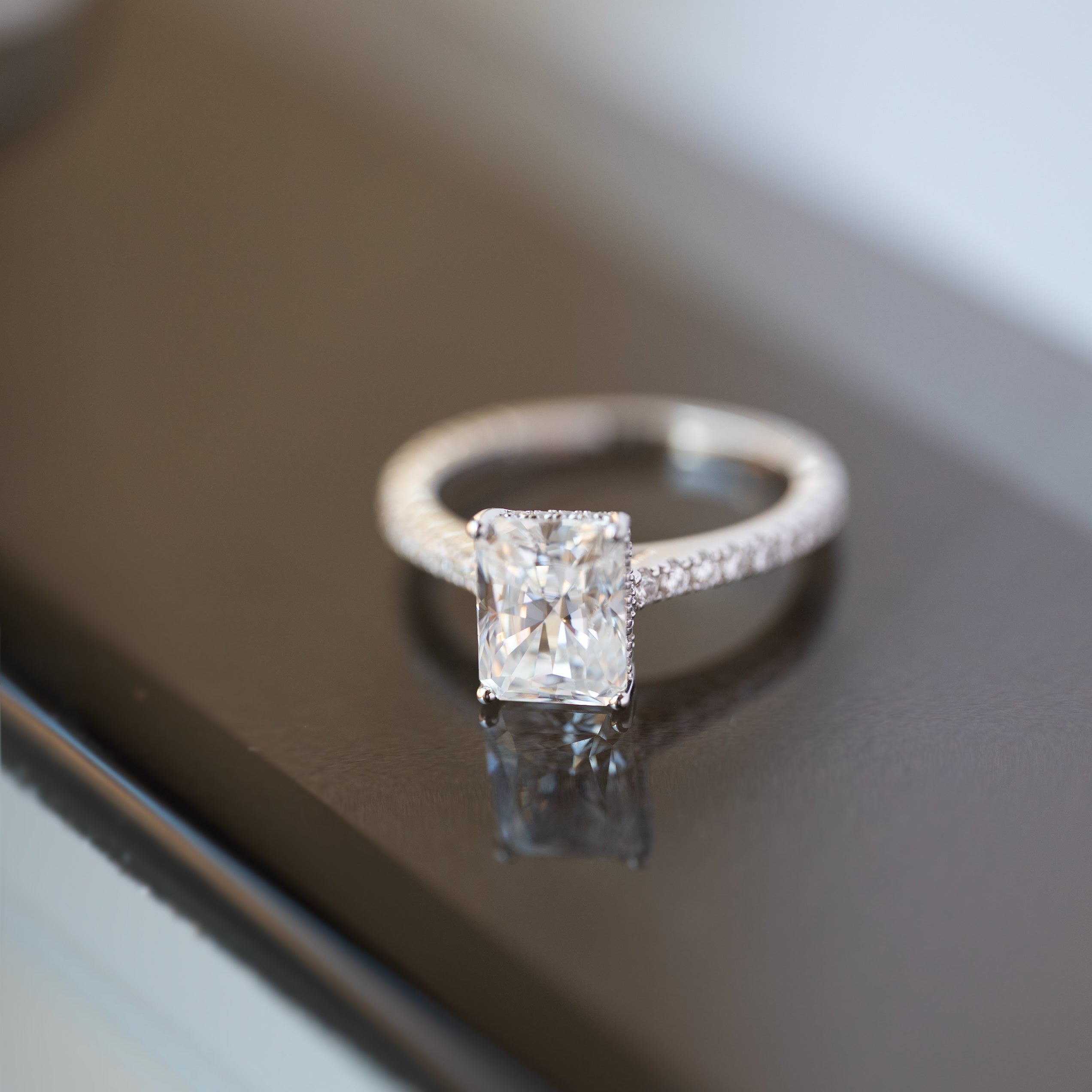 3ct Radiant Cut Moissanite Ring with Hidden Halo