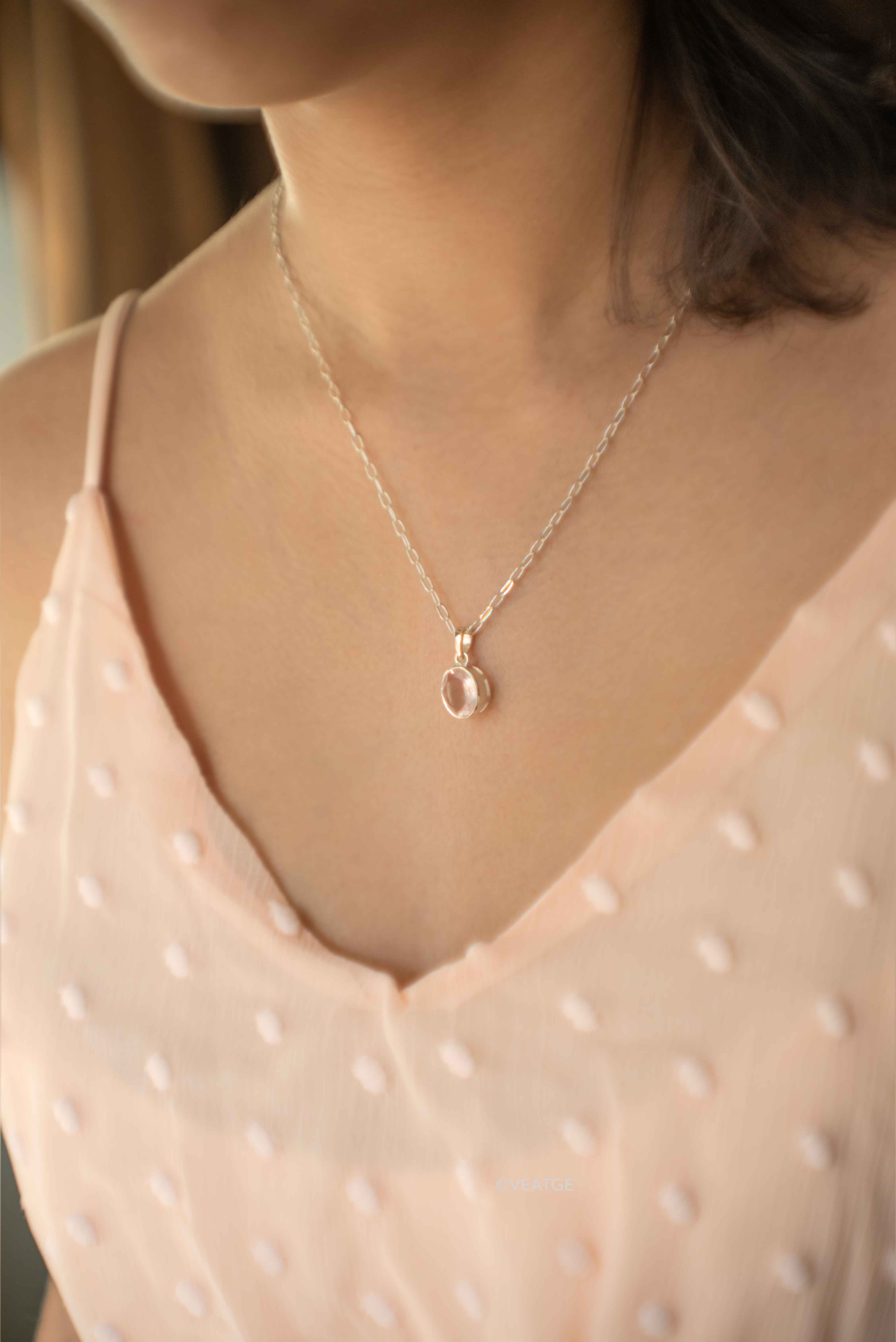 Rose Quartz Bezel Necklace with Paperclip Chain, Gift for Mom, Mother's Day Gift, Christmas Gift, Rose Quartz Jewelry for Women