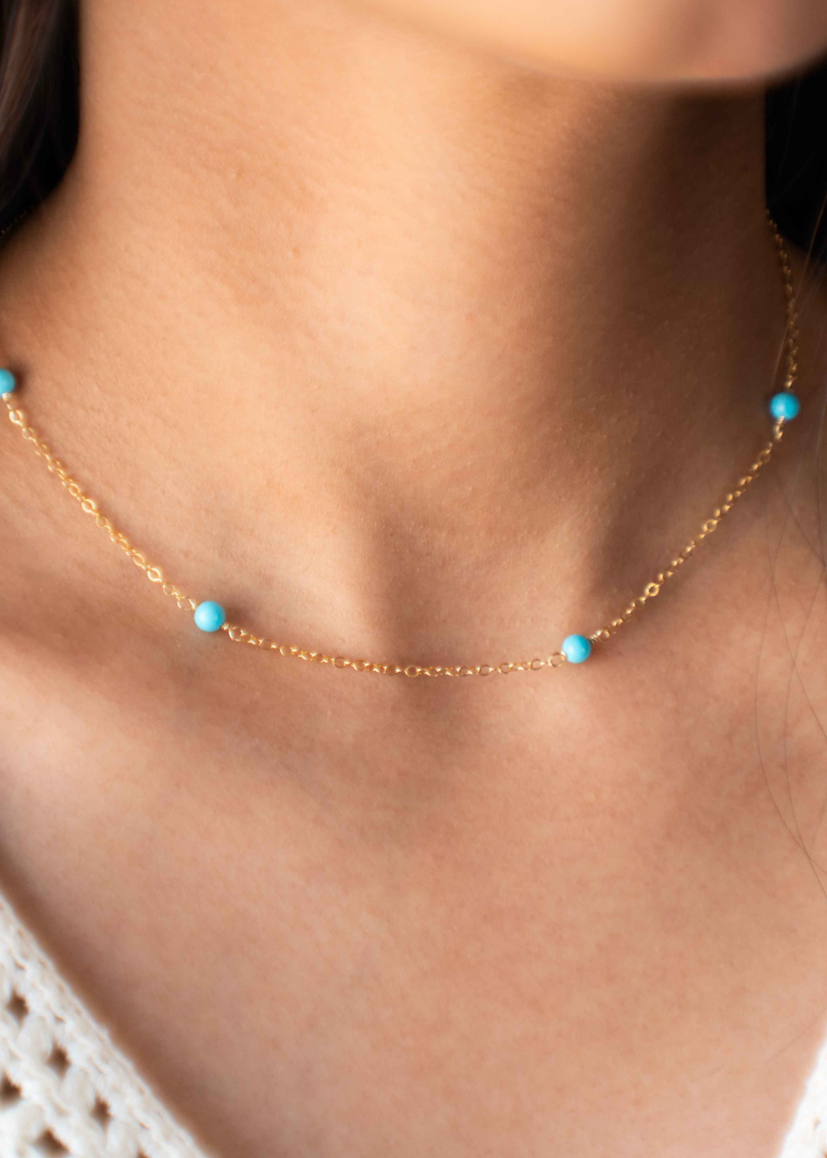 Natural Arizona Turquoise Bead Necklace handmade in 14k gold filled, Gold Choker, Layering Necklace, Station Necklace Handmade Jewelry