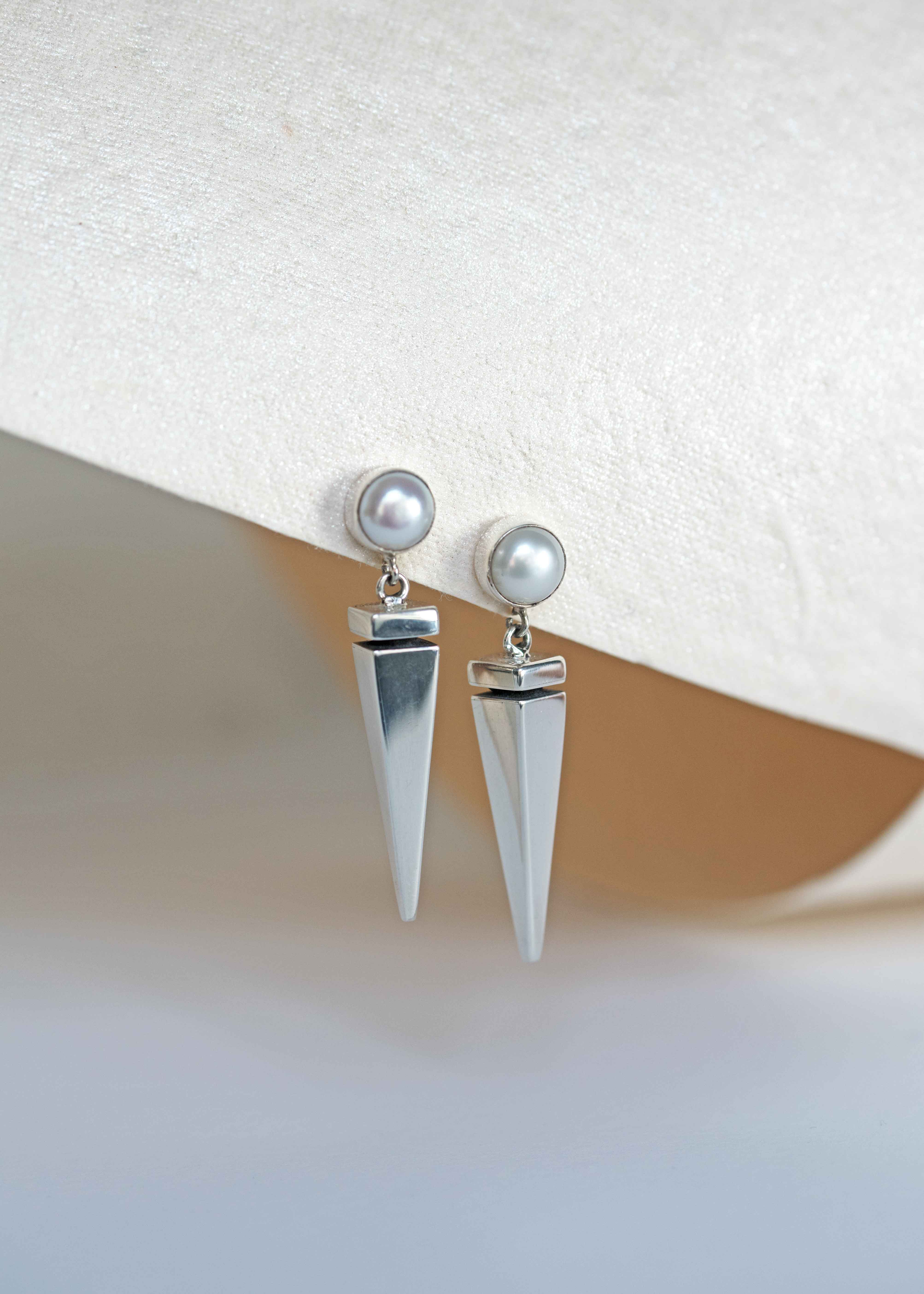 Spike & Pearl Earrings, Unique Sterling Silver Modern Earrings, Edgy Unique Statement Silver Earrings for Women