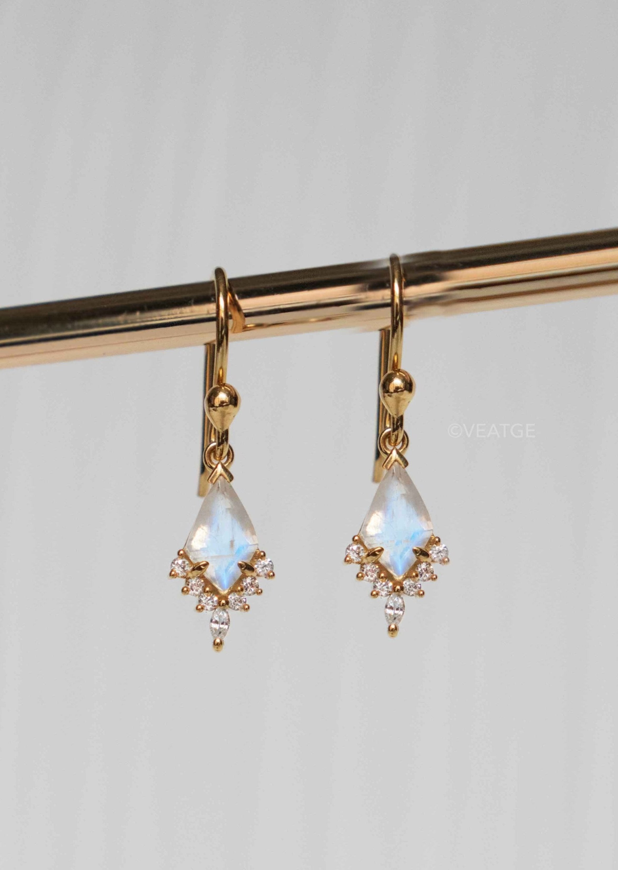 Moonstone Kite Earrings by Veatge, Gold Dangle Earrings Bridal, Wedding Earrings Moonstone, Gift for Wife, Mom Birthday Gift