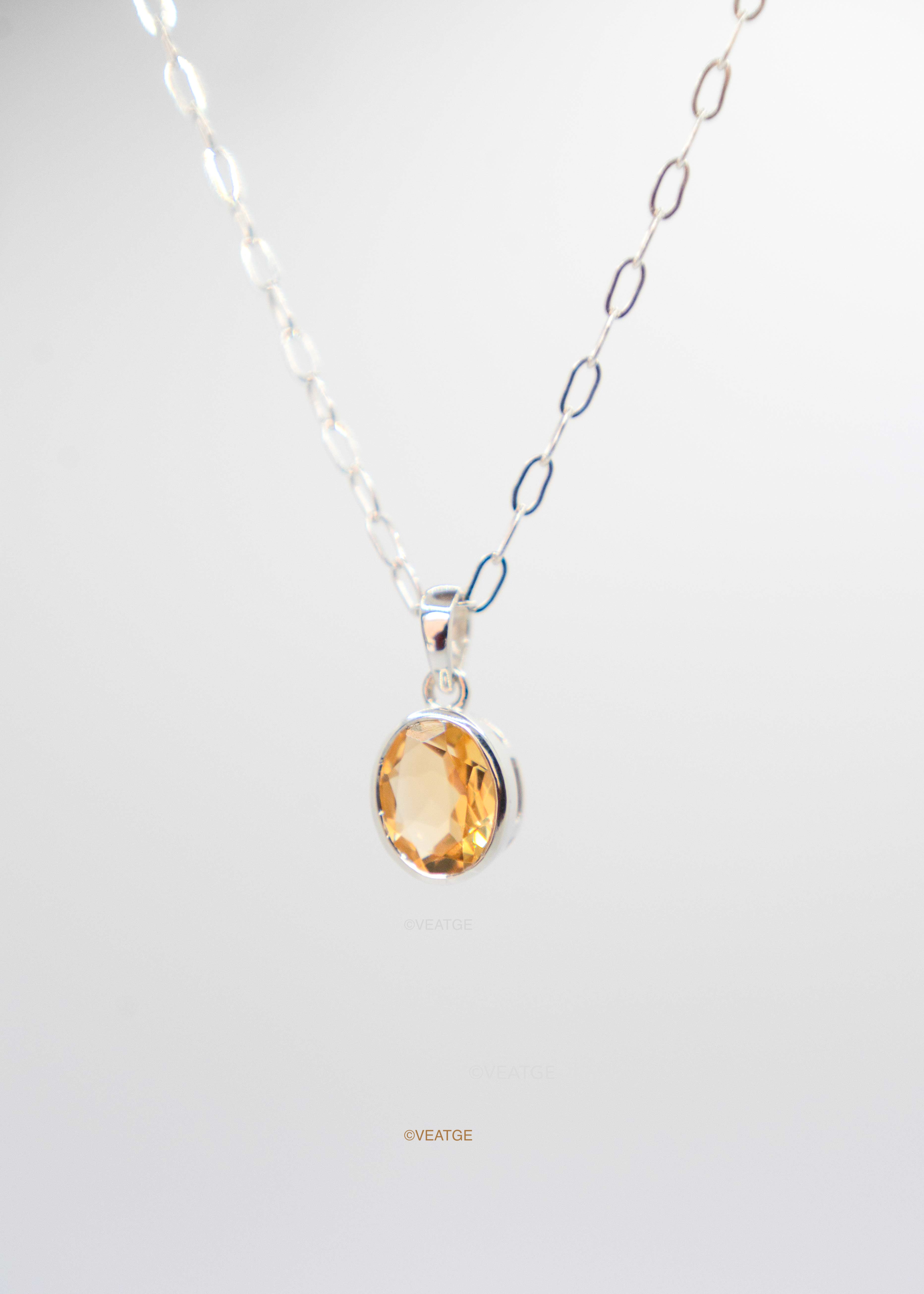 Citrine Silver Bezel Necklace with Paperclip Chain November Birthstone Gifts for Women