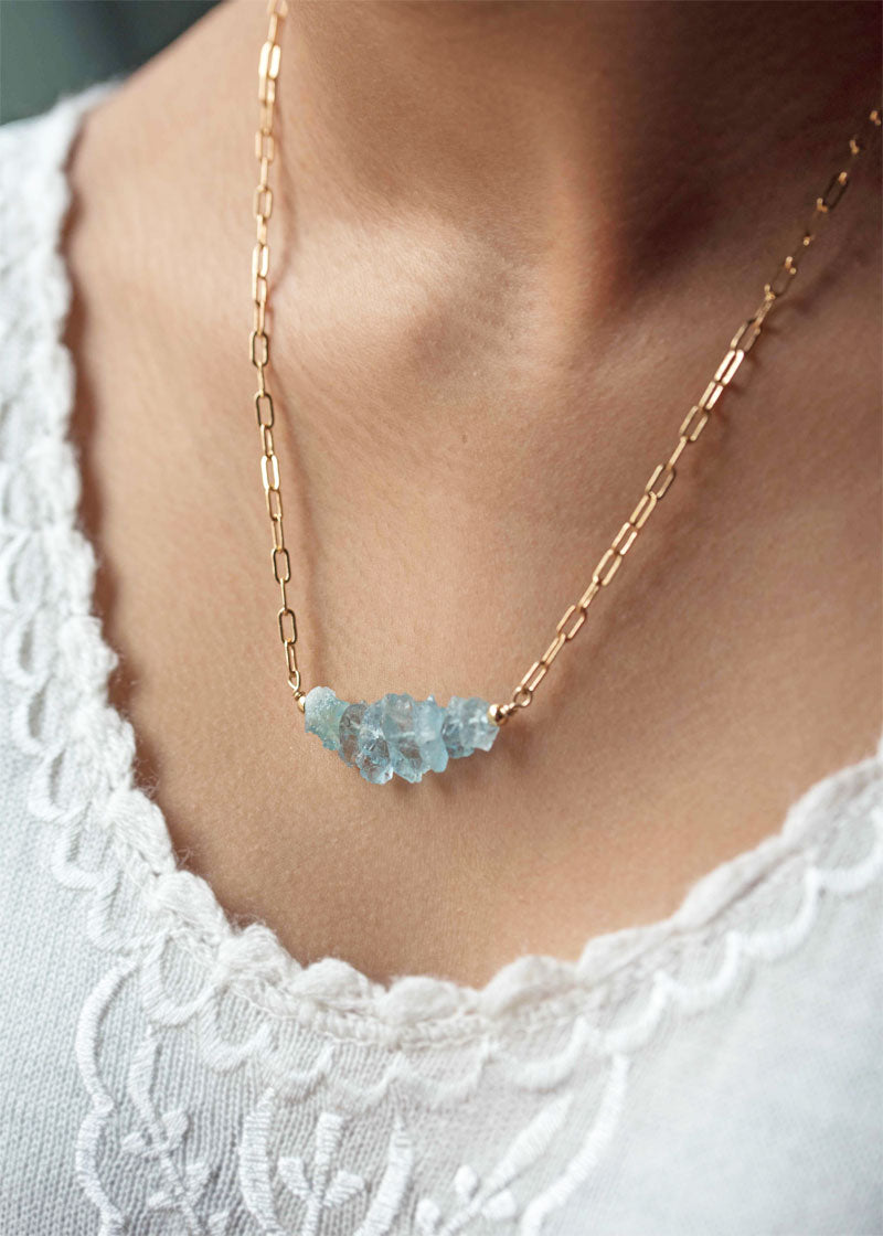 Raw genuine natural aquamarine gold statement necklace