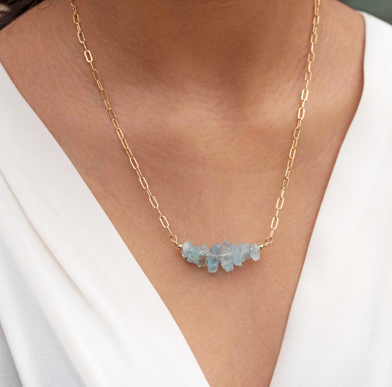 Raw genuine natural aquamarine gold statement necklace