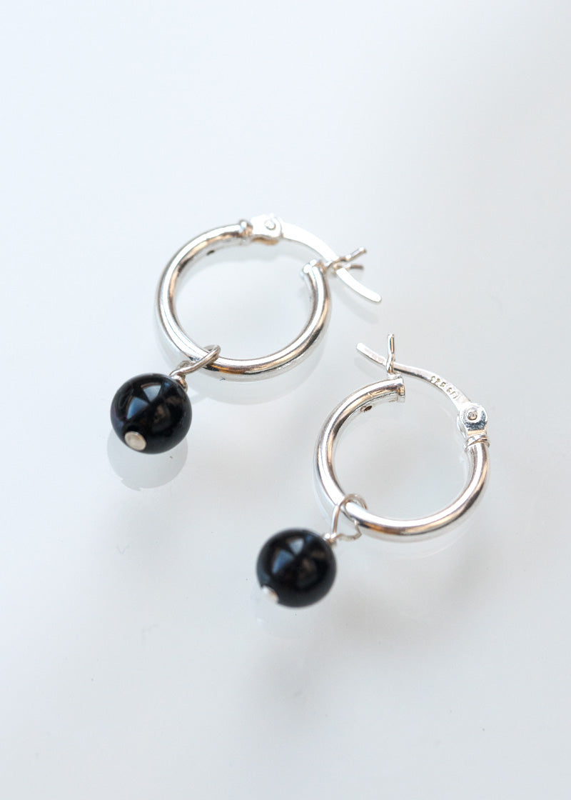 black onyx hoops silver earrings