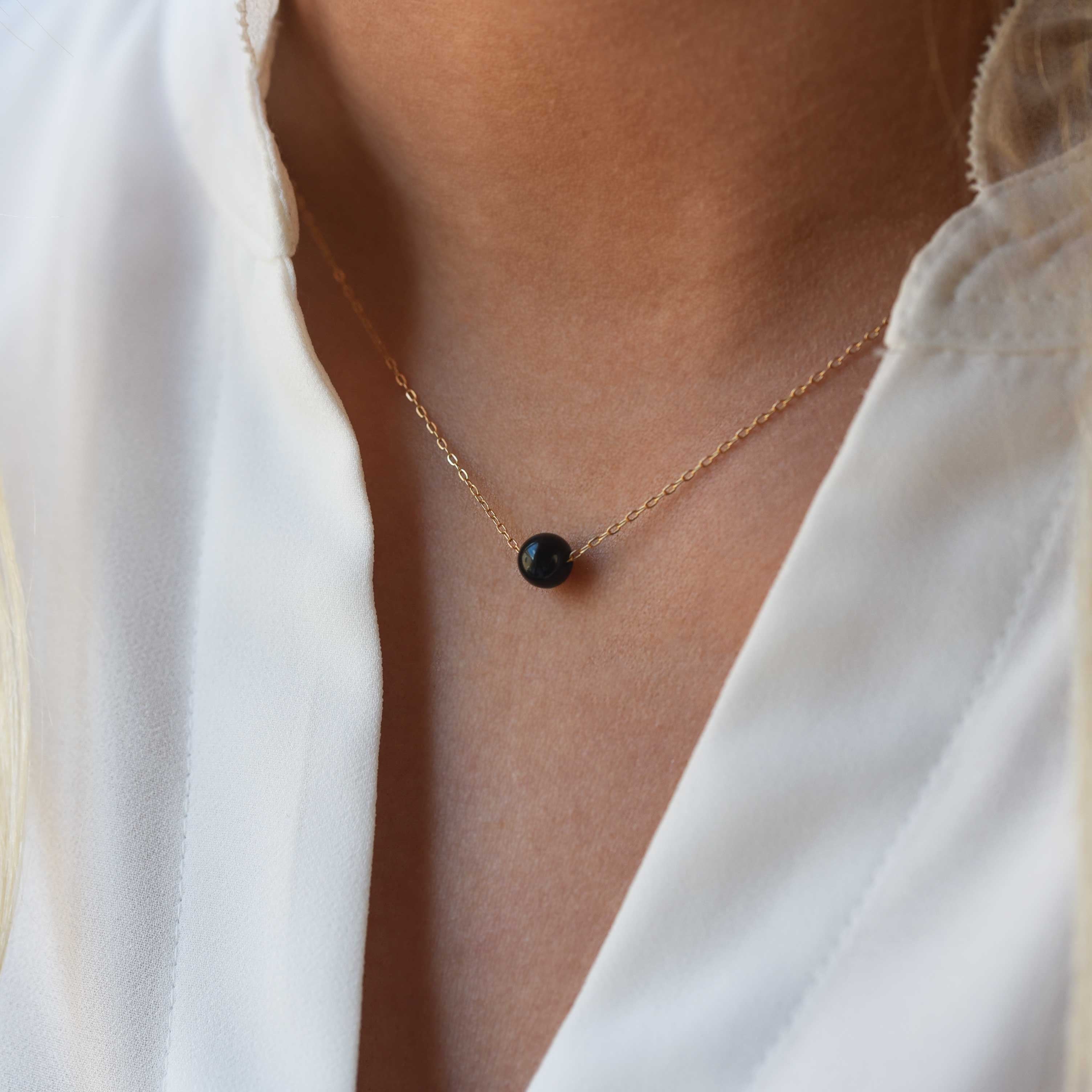 black onyx necklace in 14k chain, Dainty and Delicate bead handmade necklace