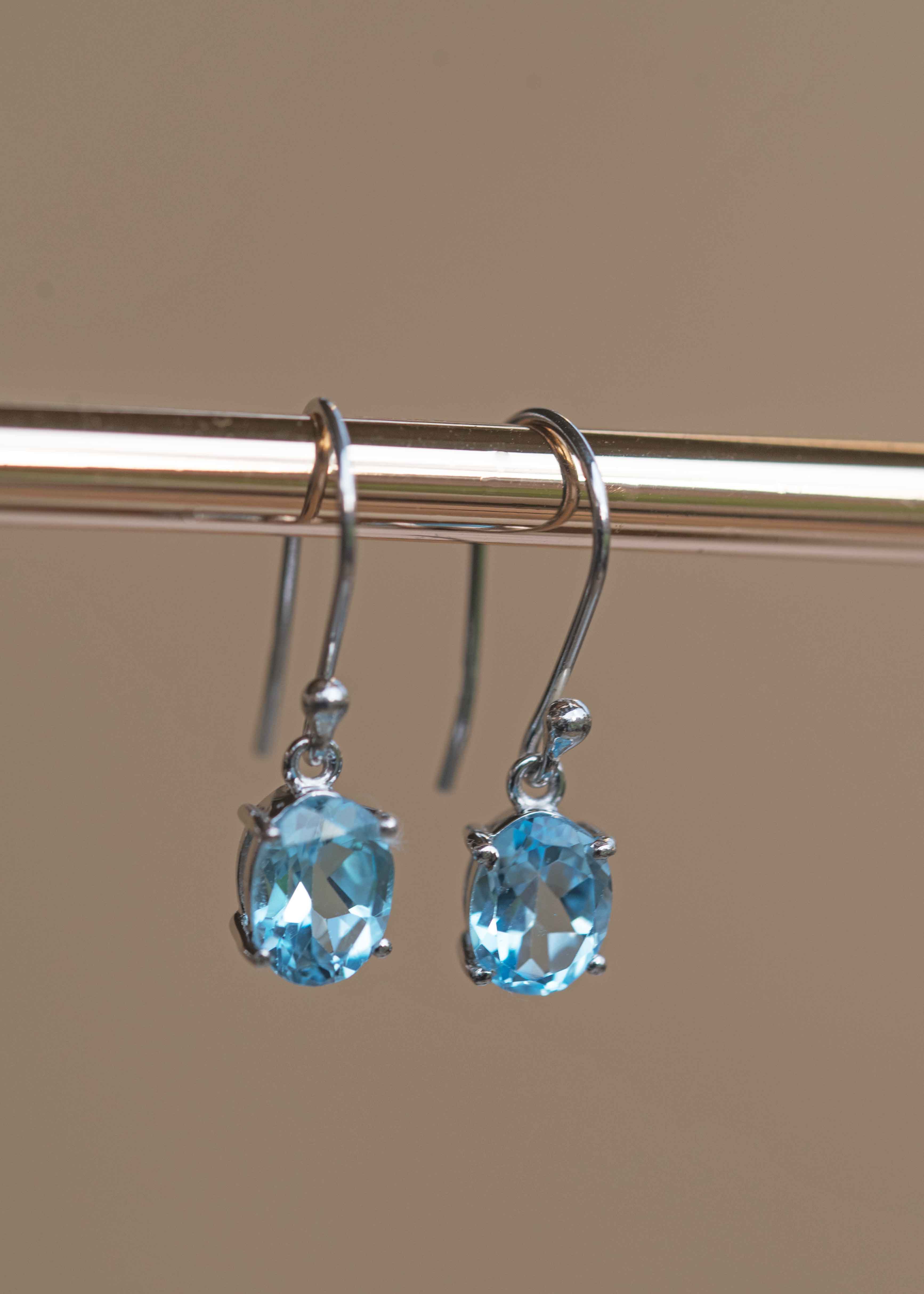 Blue Topaz Gemstone December Birthstone Dangle Earrings Silver